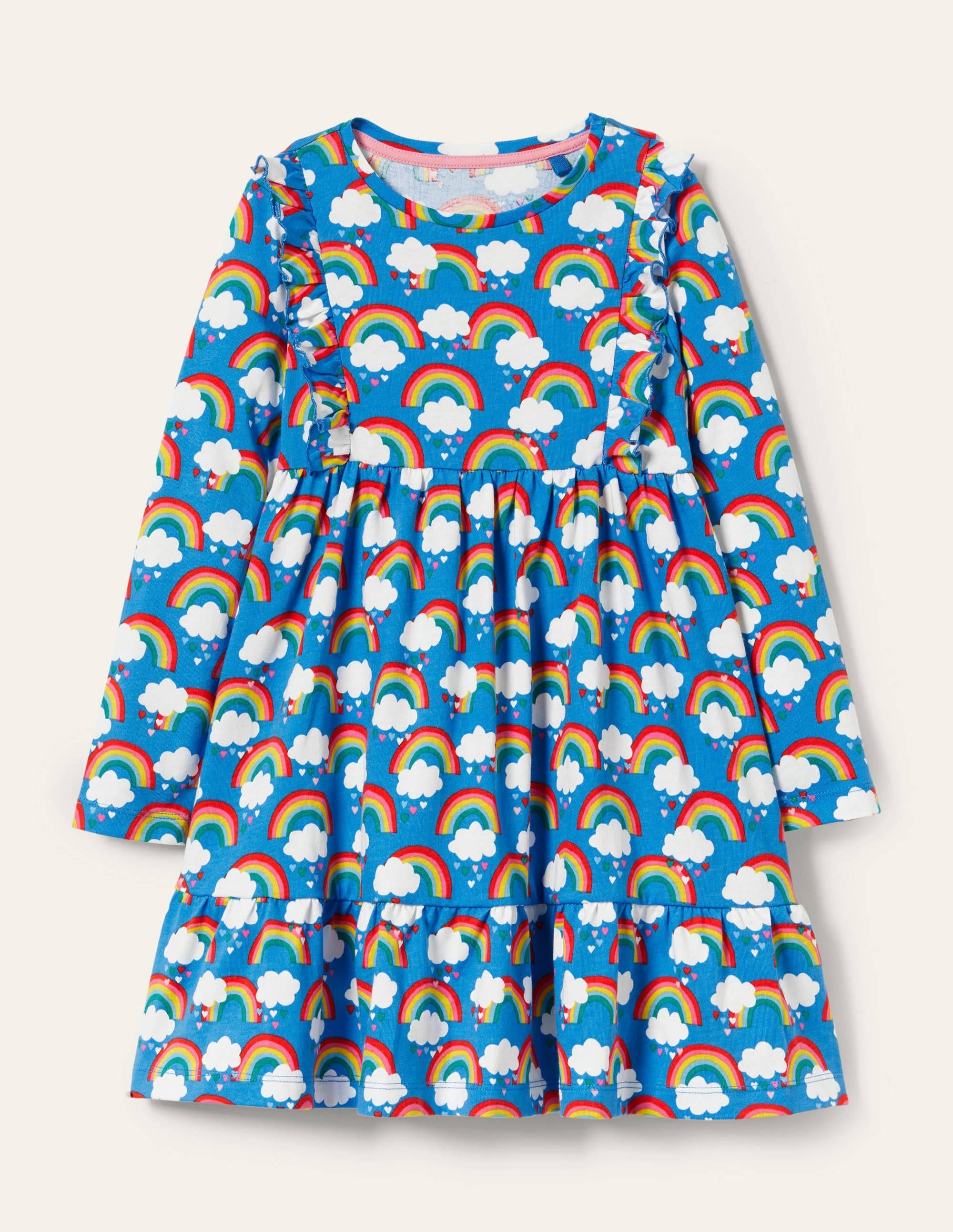 Frill Tiered Jersey Dress-Moroccan Blue Love Rainbows - Image 1