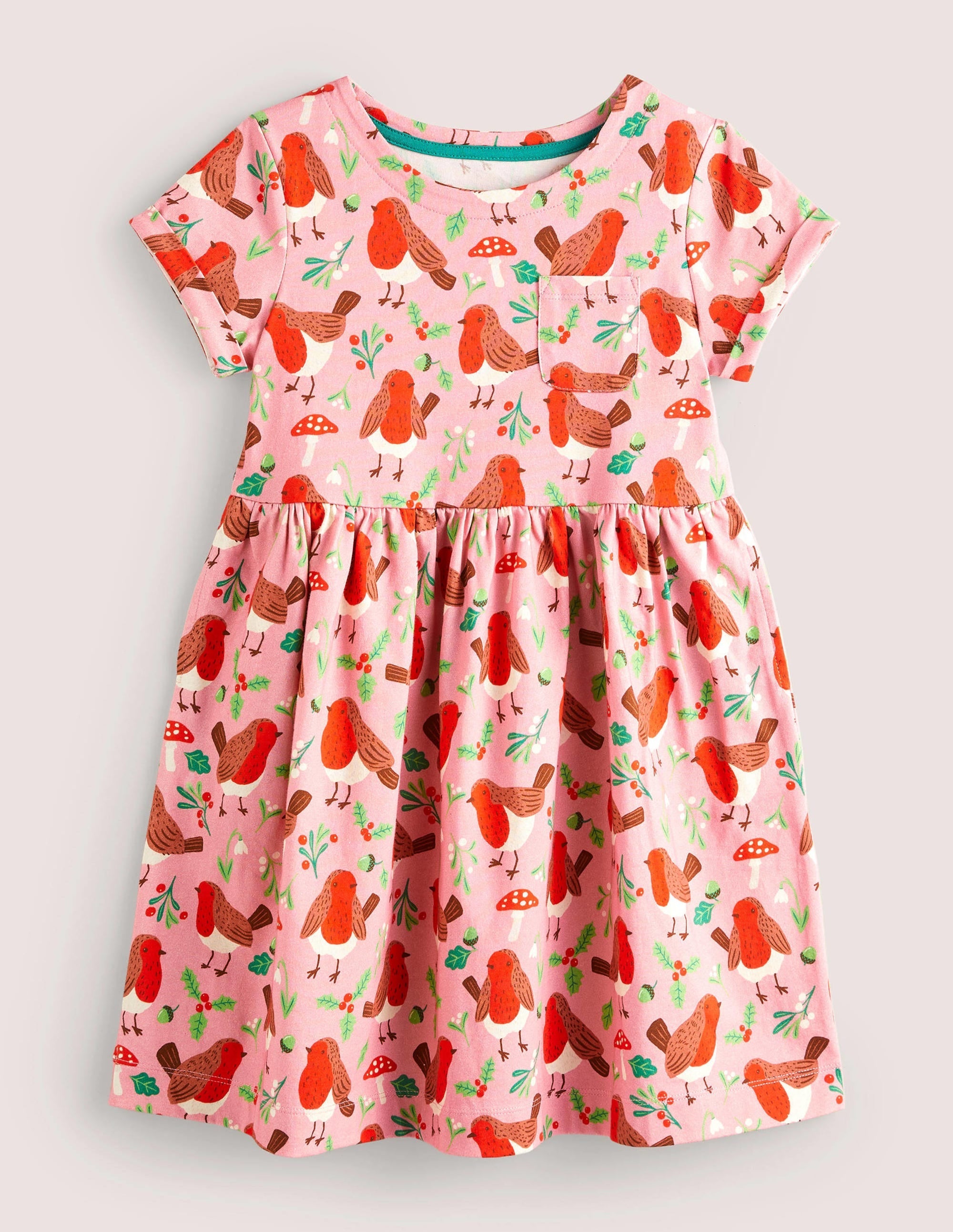 Short Sleeve Fun Jersey Dress-Formica Pink Festive Robins - Image 1