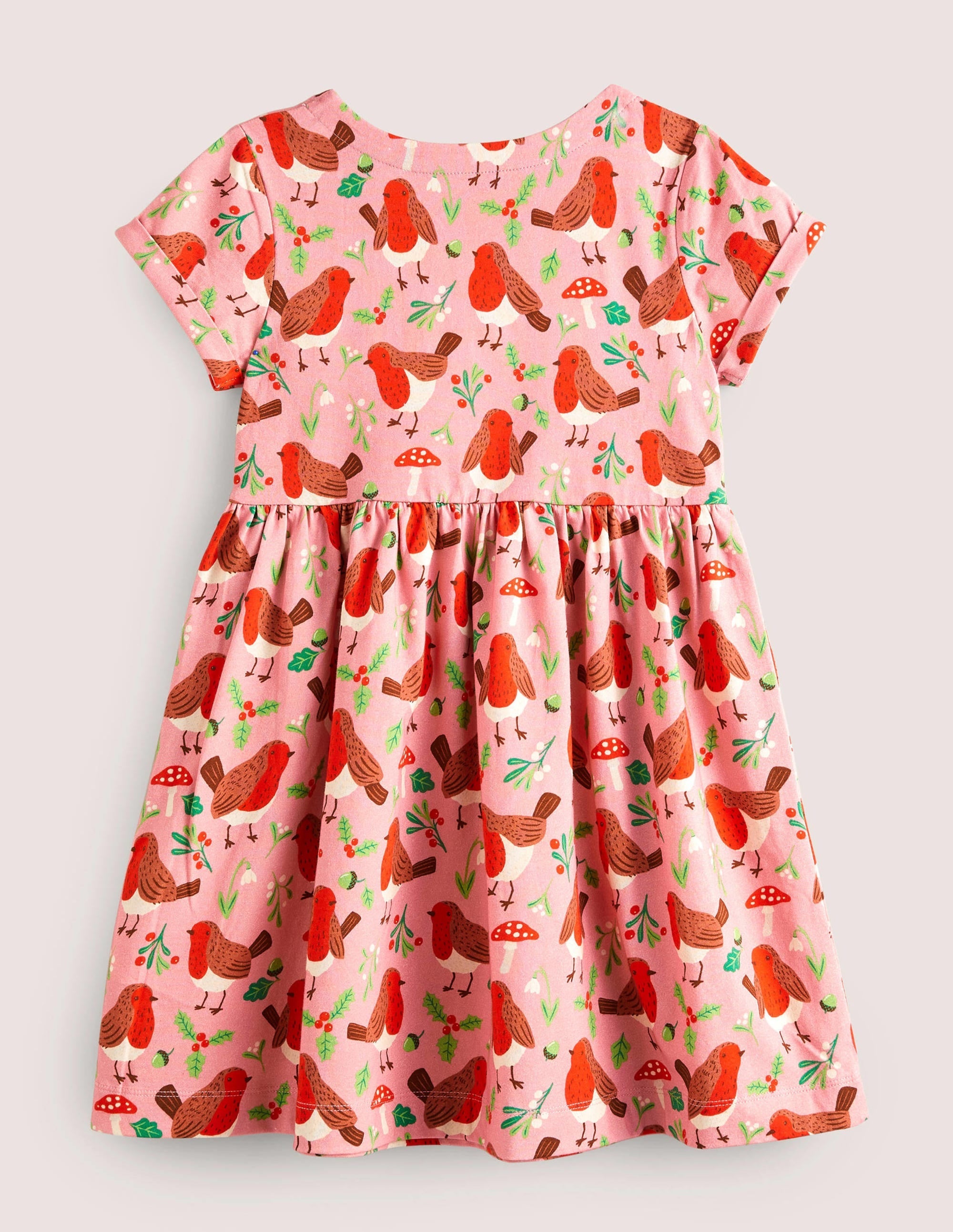 Short Sleeve Fun Jersey Dress-Formica Pink Festive Robins - Image 2