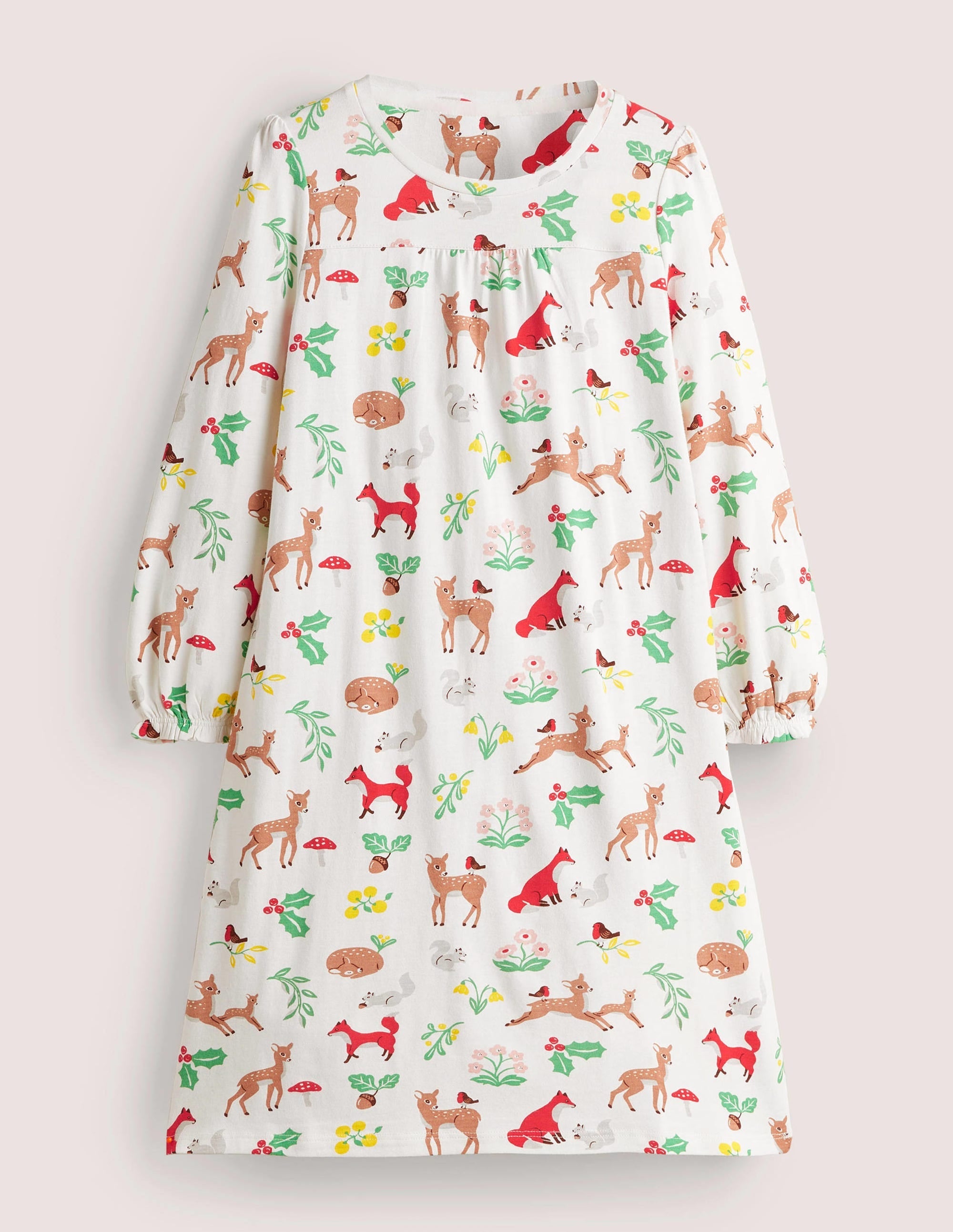 Printed Long-sleeved Nightie-Ivory Woodland Christmas - Image 1