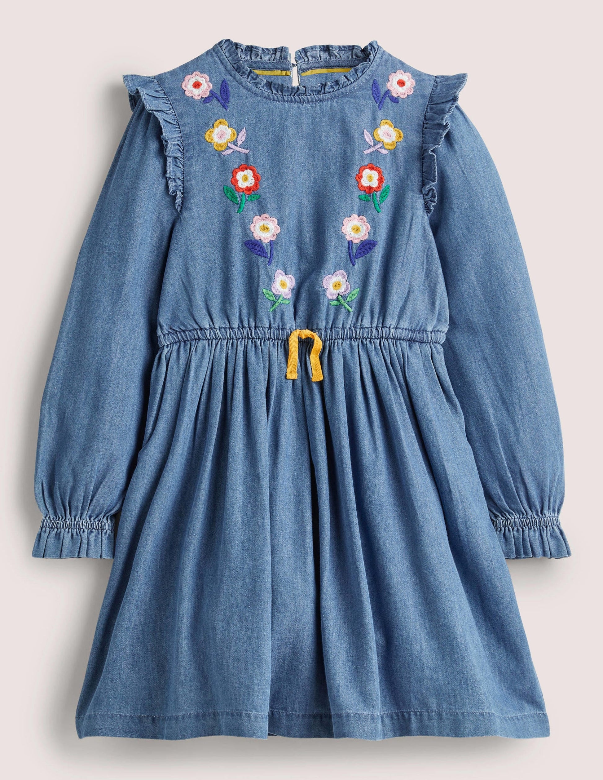 Floral Tie Waist Dress-Dark Vintage Denim Embroidery-1