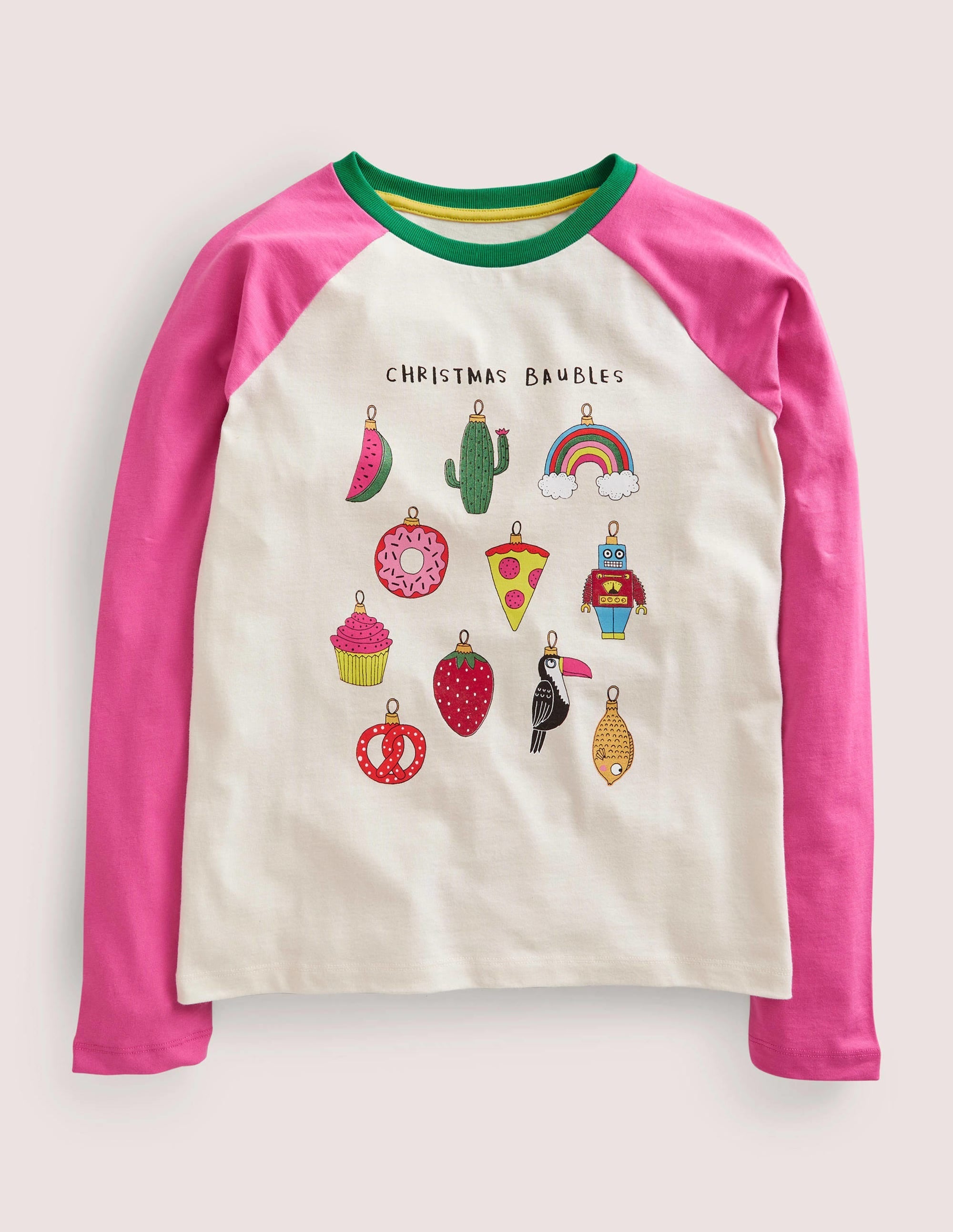 Raglan Festive Printed T-shirt-Strawberry Pink/Ivory - Image 1