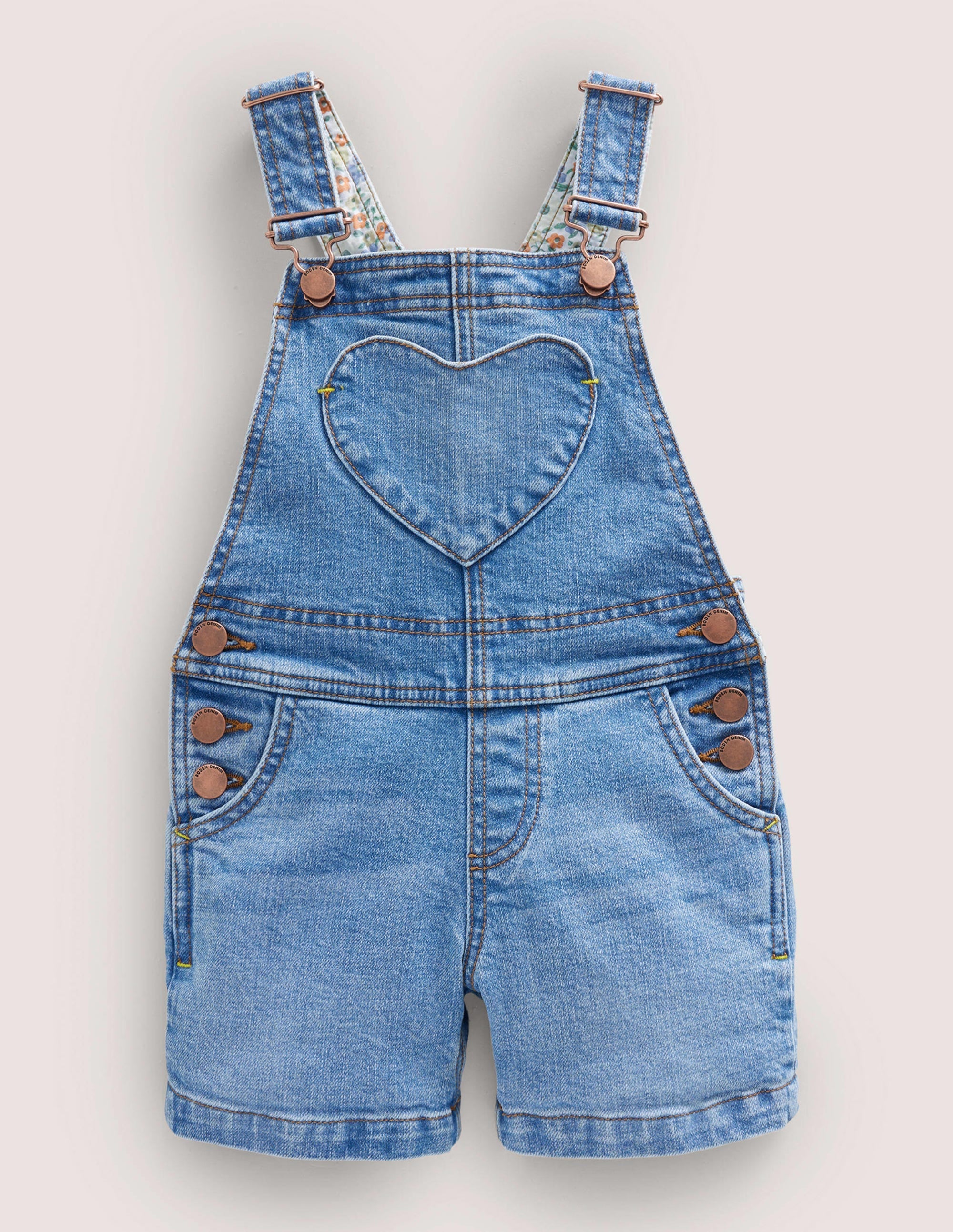 Heart Pocket Short Dungarees-Mid Vintage Denim - Image 1