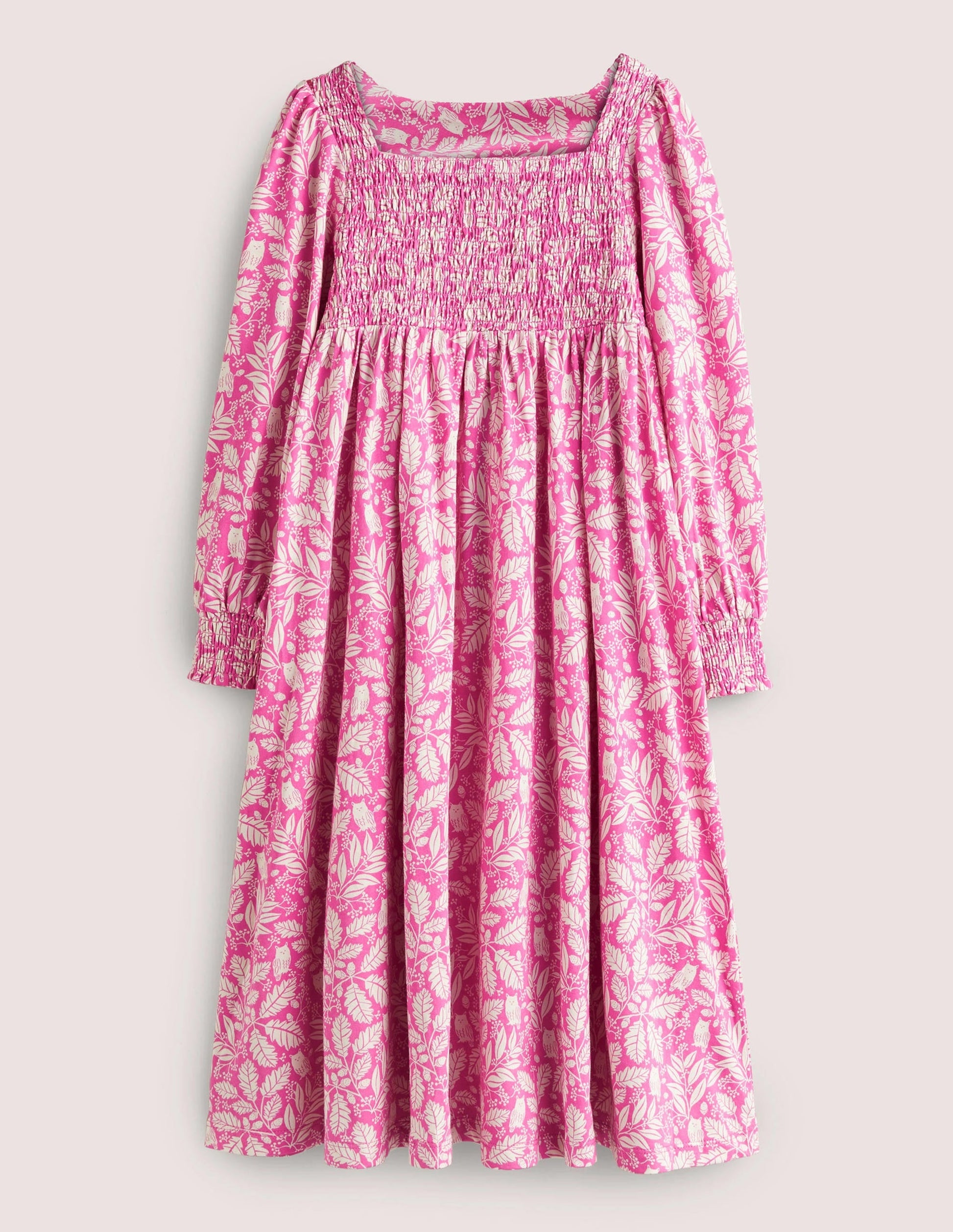 Smocked Bodice Trapeze Dress-Tickled Pink Owl Toile-1