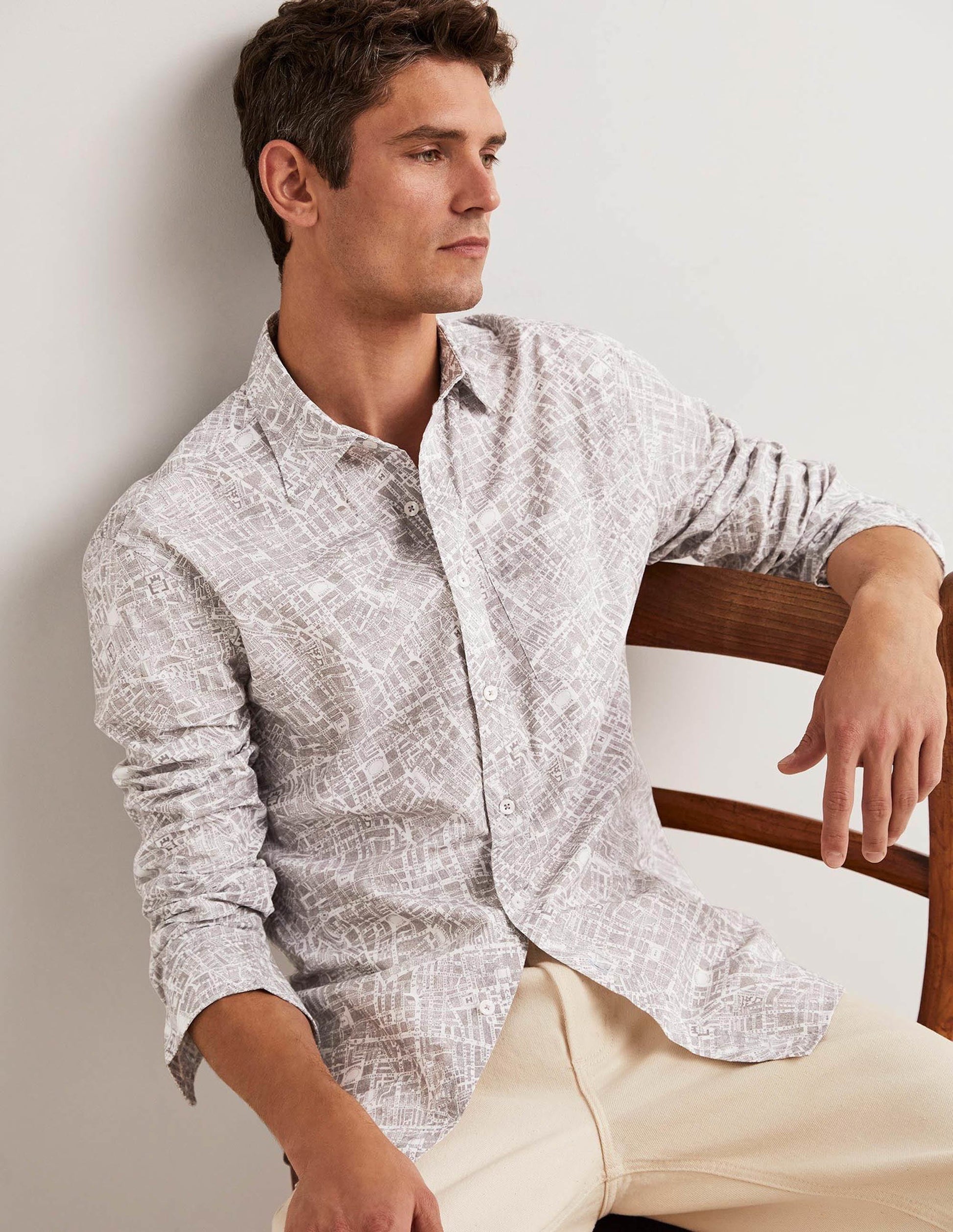 Cutaway Collar Poplin Shirt-Vintage Grey Map-1