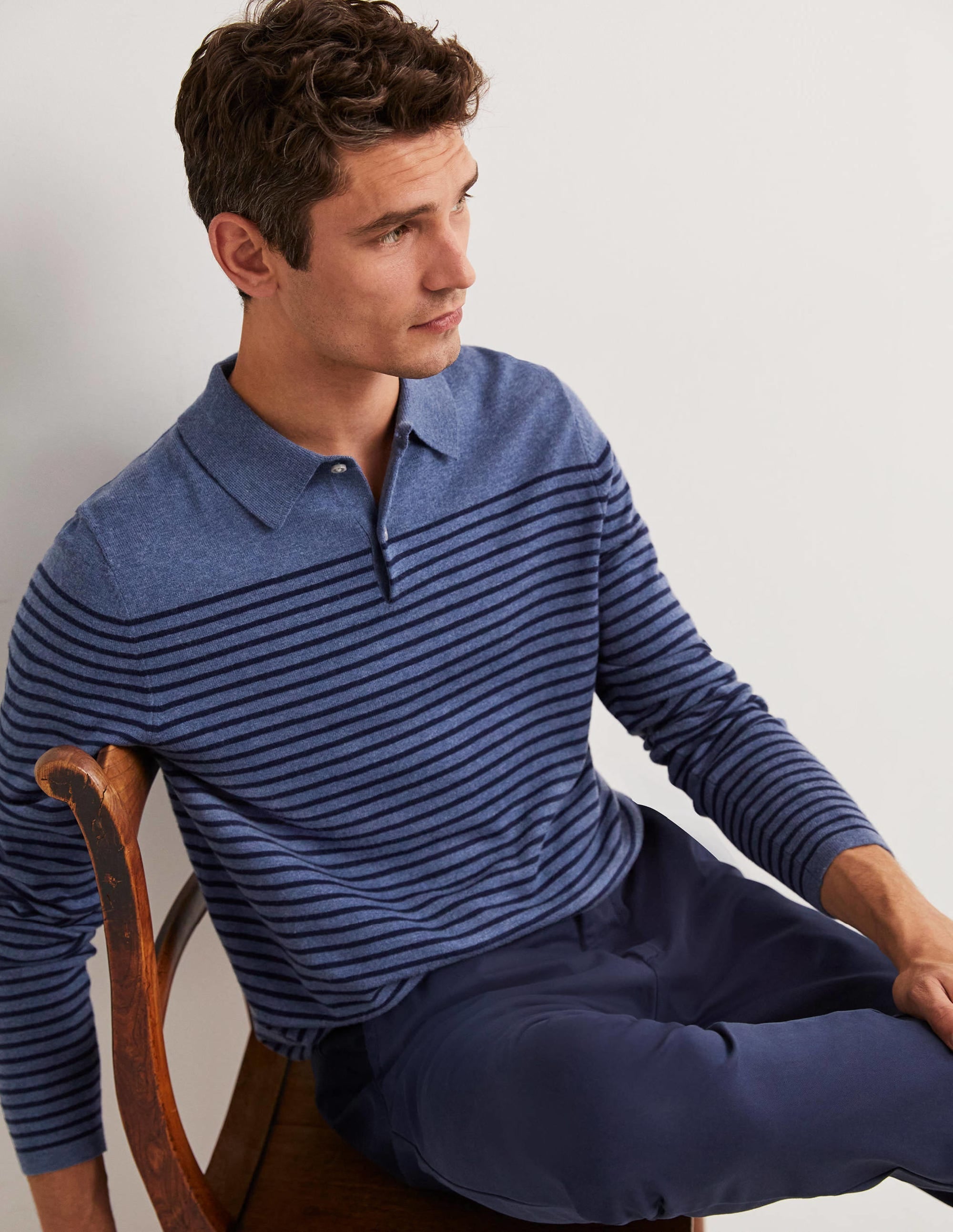 Fine Knit Long Sleeve Polo-Blue/Navy Stripe - Image 5