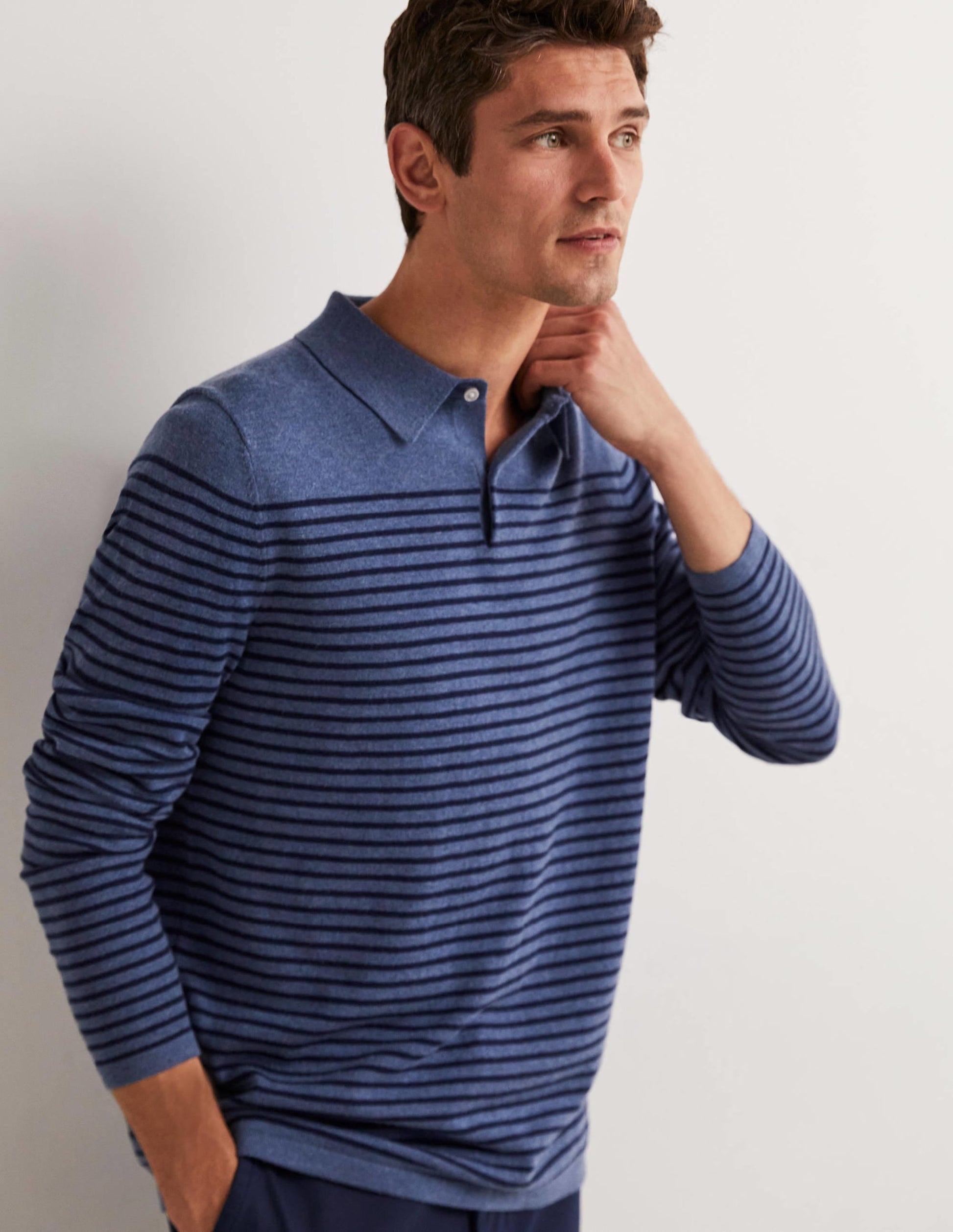 Fine Knit Long Sleeve Polo-Blue/Navy Stripe-8