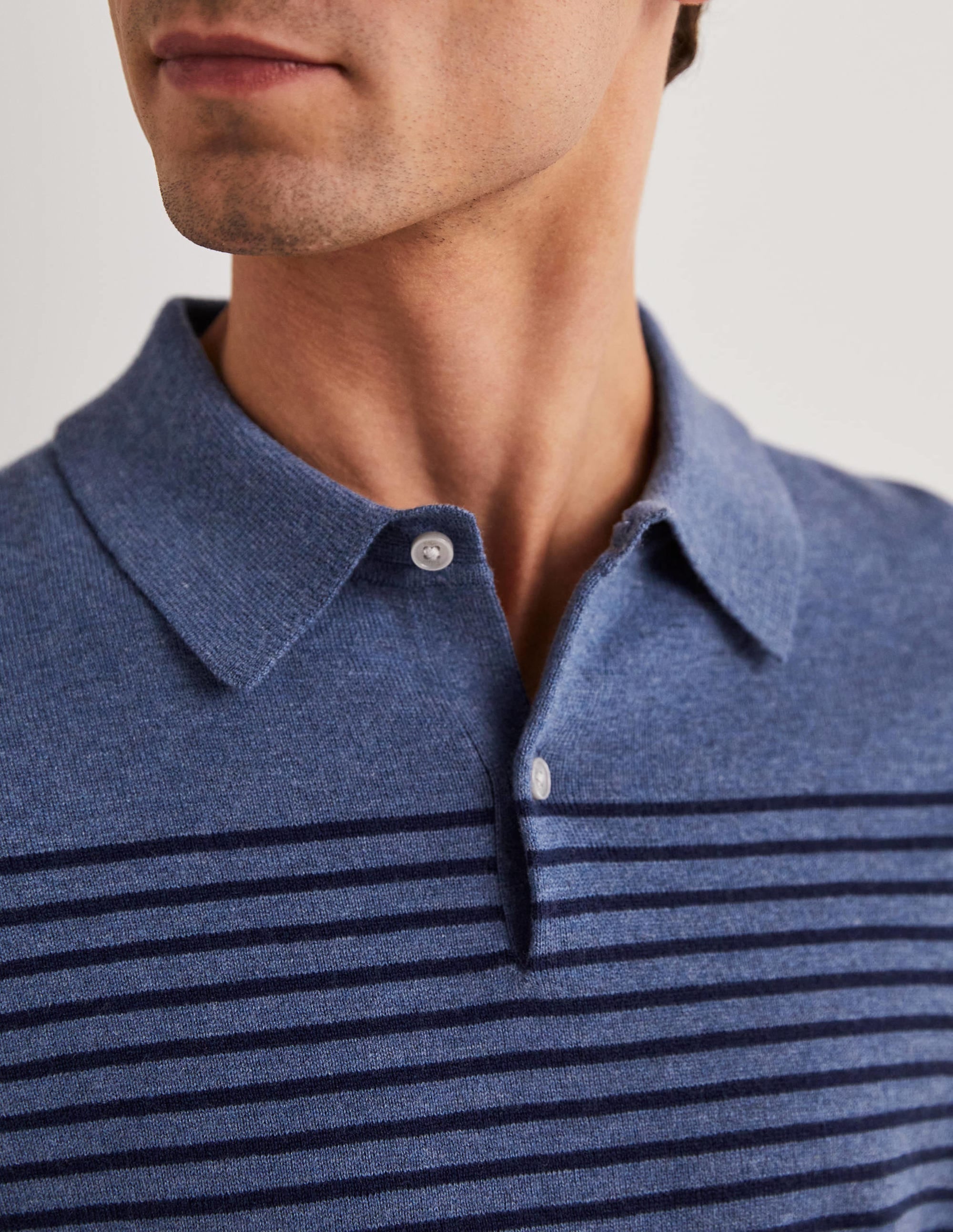 Fine Knit Long Sleeve Polo-Blue/Navy Stripe - Image 2