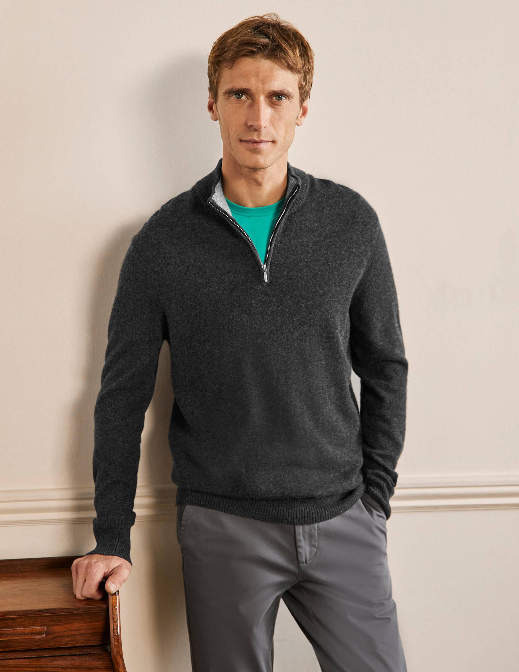 Cashmere Half-Zip Jumper-Dark Grey Melange - Image 1