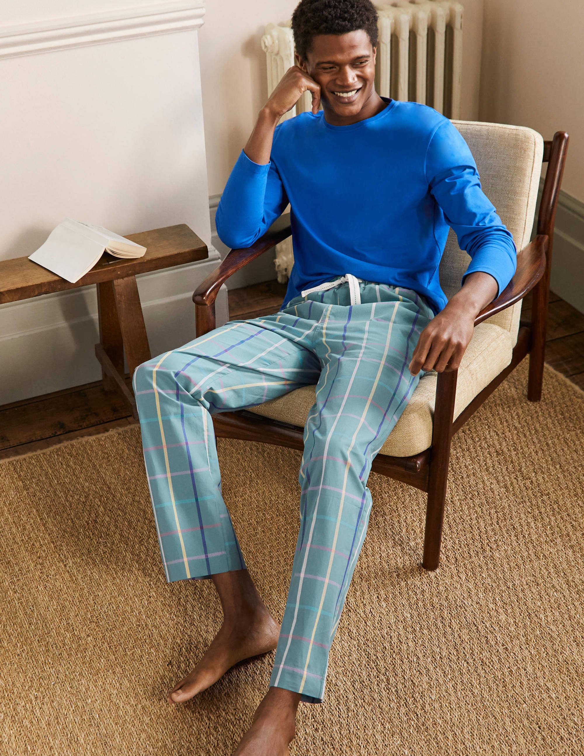 Cotton Poplin Pyjama Bottoms-Storm Blue Tattershall - Image 1