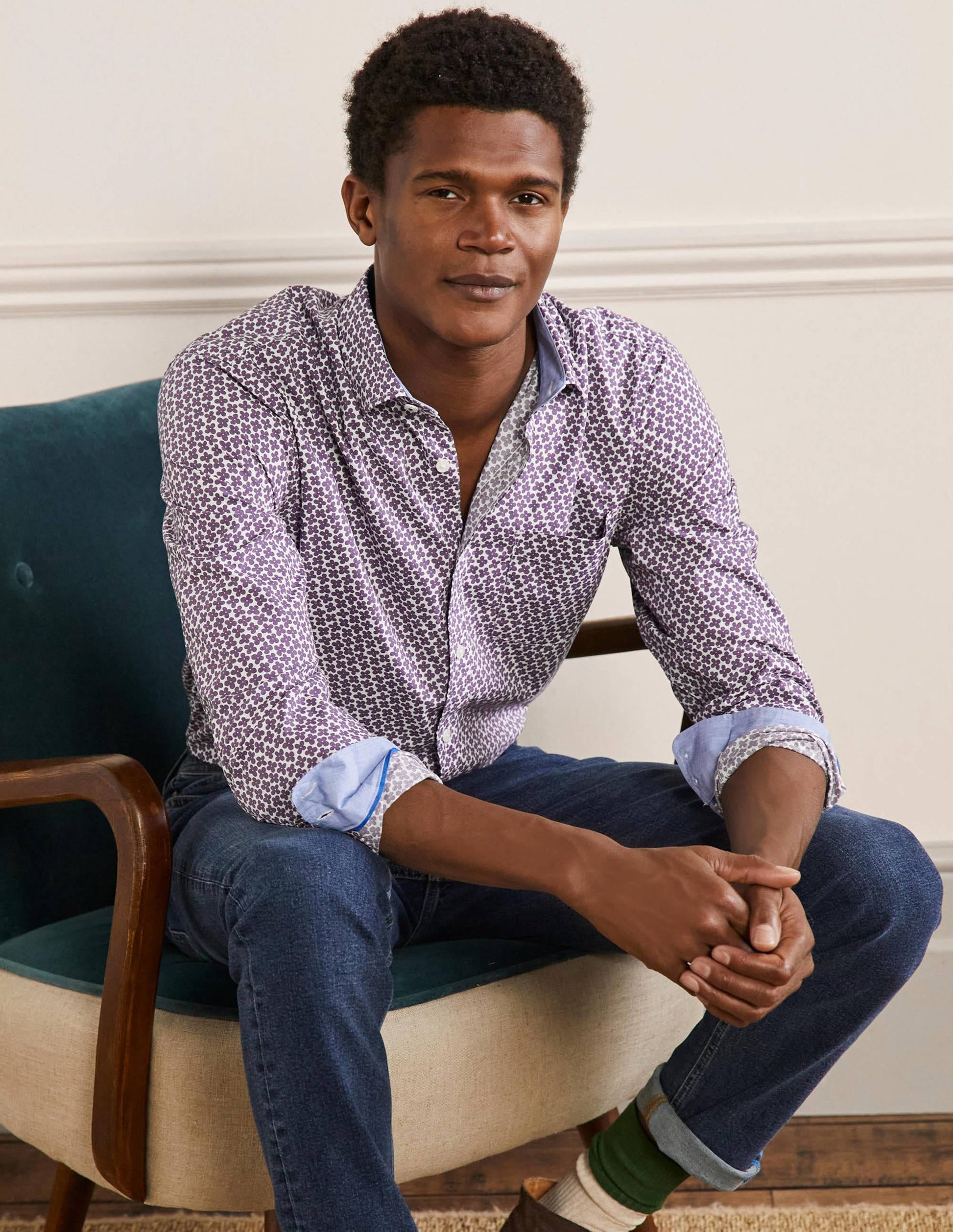 Cutaway Collar Poplin Shirt-Snowdrop/Grape Jam Ditsy Daisy-1