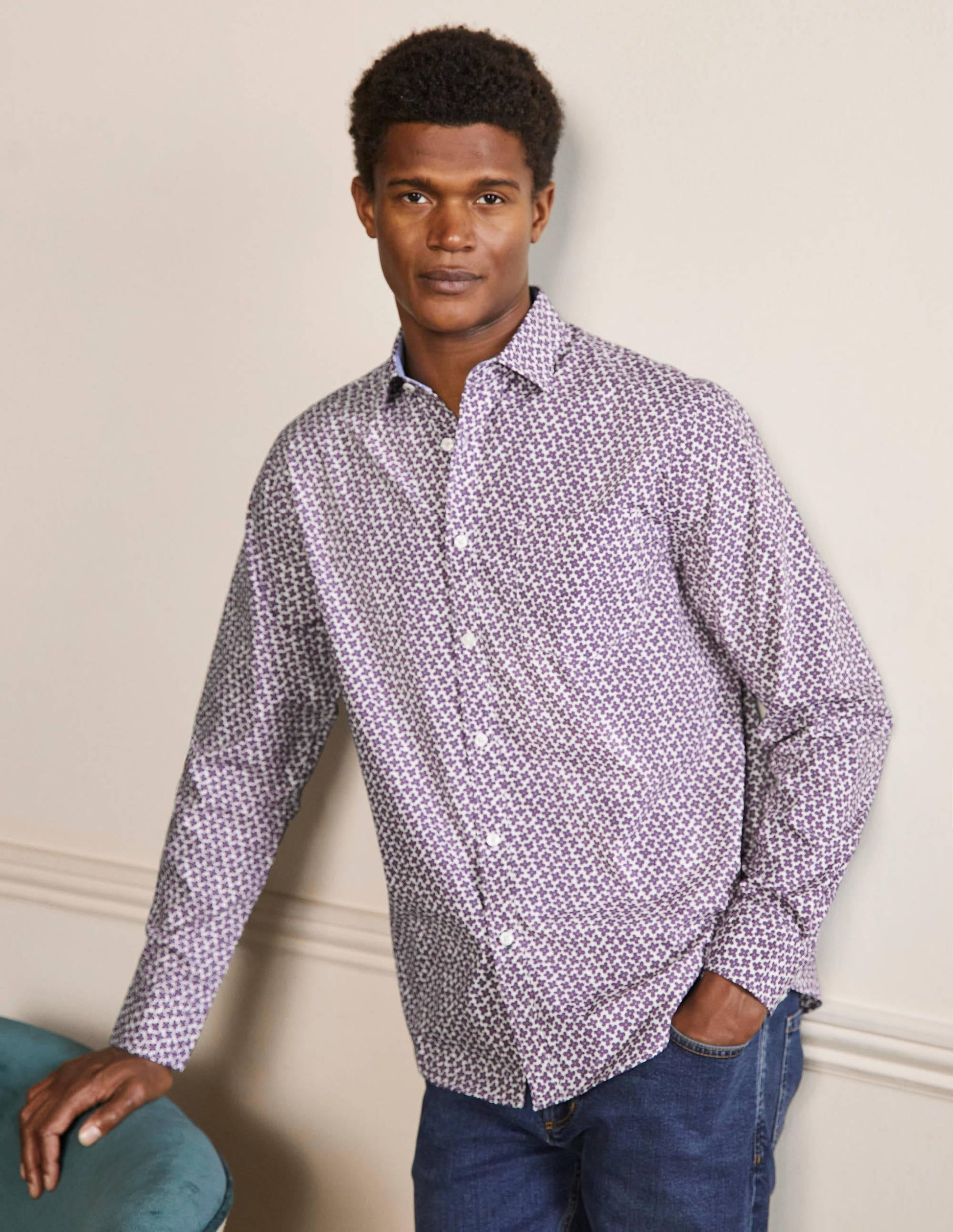 Cutaway Collar Poplin Shirt-Snowdrop/Grape Jam Ditsy Daisy-4