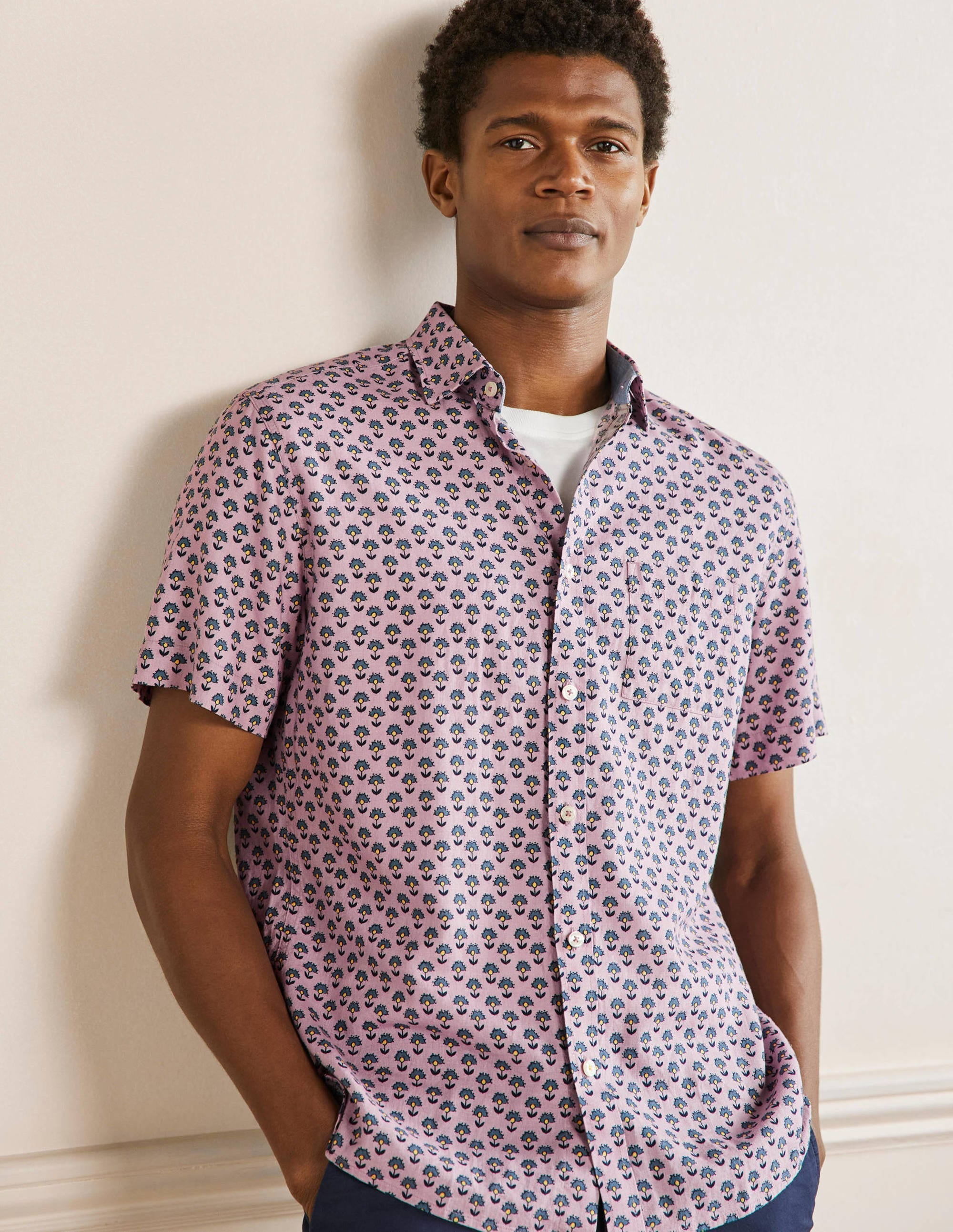 Linen Cotton Interest Shirt-Dusky Pink Woodblock Print - Image 1