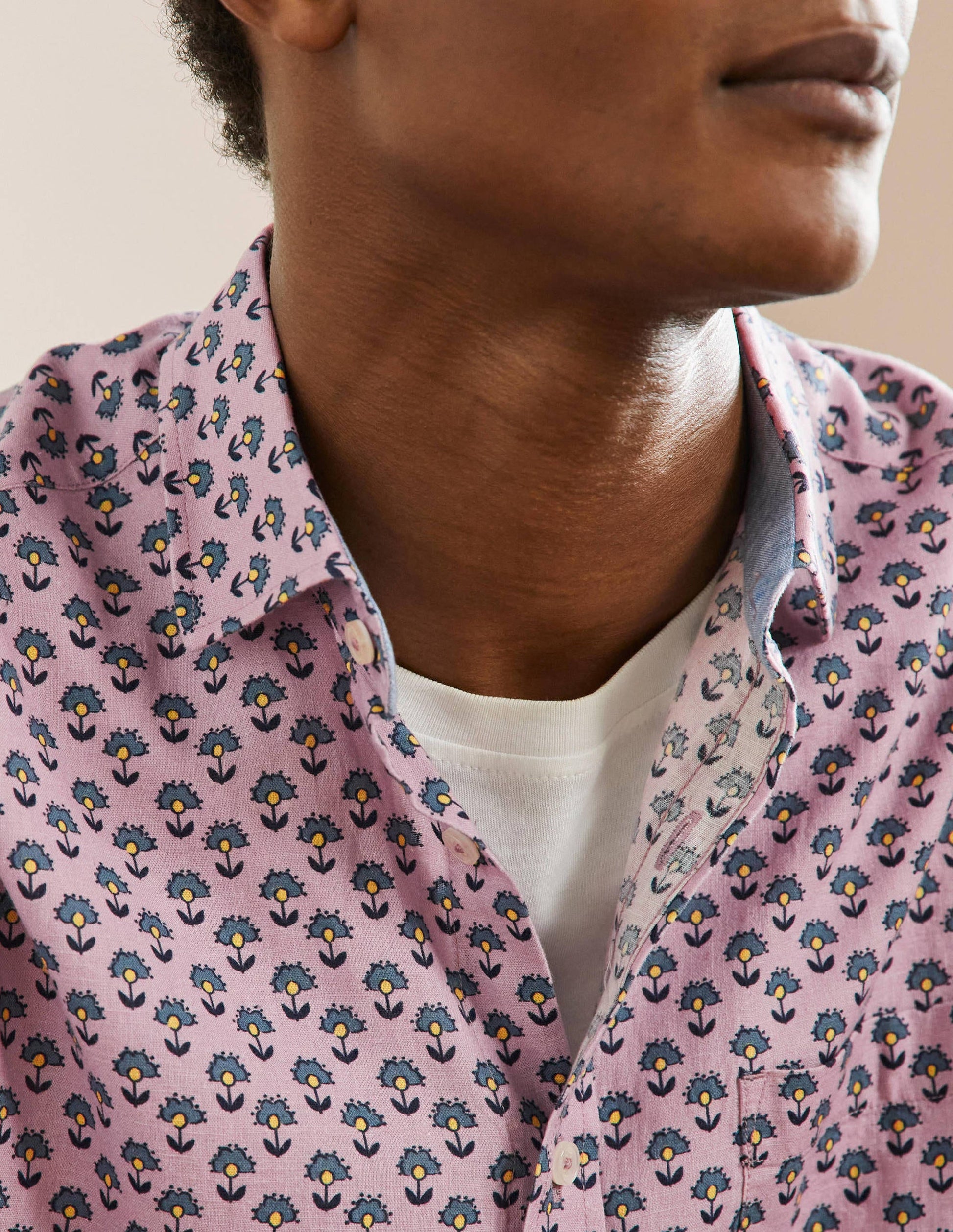 Linen Cotton Interest Shirt-Dusky Pink Woodblock Print-2