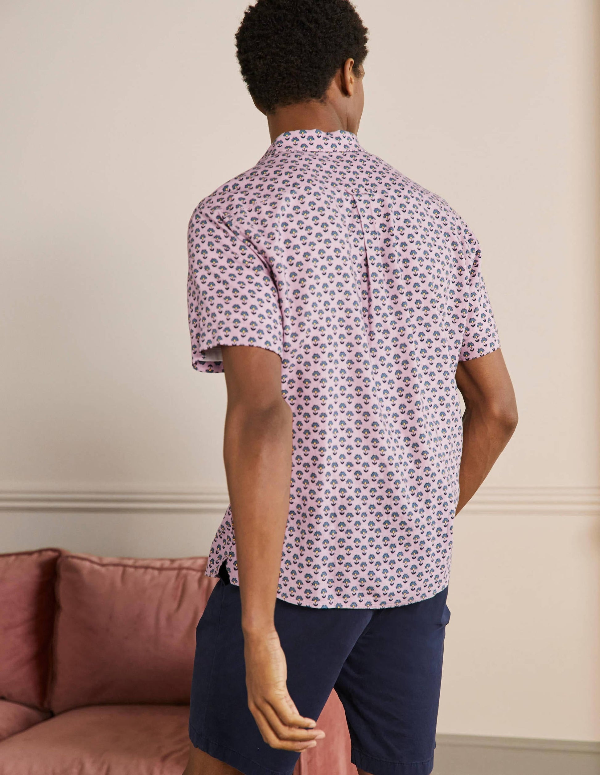 Linen Cotton Interest Shirt-Dusky Pink Woodblock Print-3