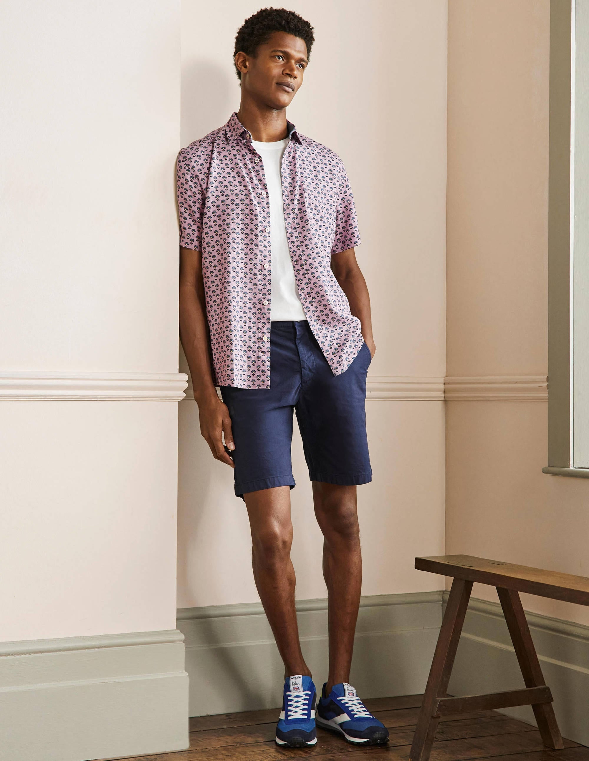 Linen Cotton Interest Shirt-Dusky Pink Woodblock Print - Image 4