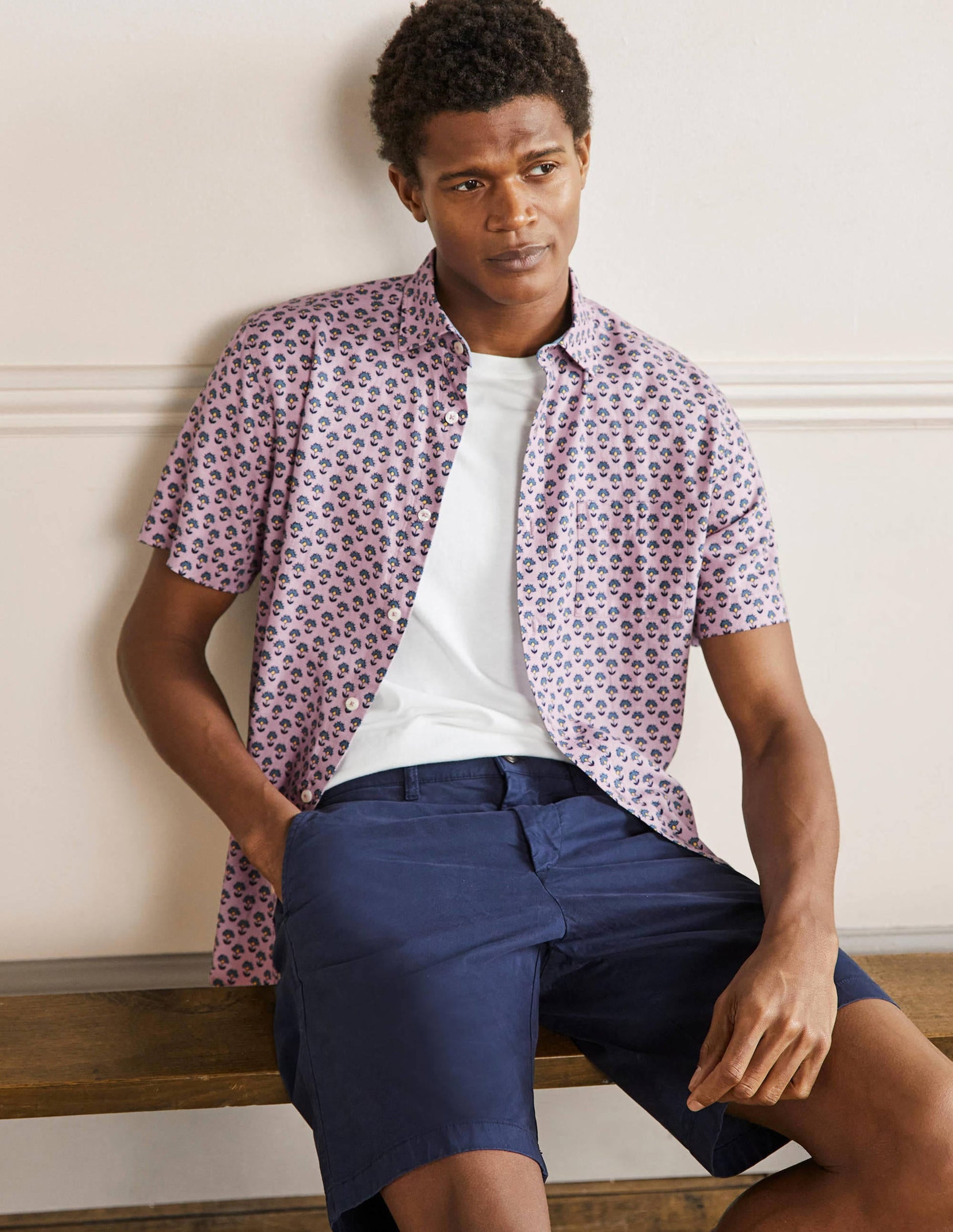 Linen Cotton Interest Shirt-Dusky Pink Woodblock Print-5