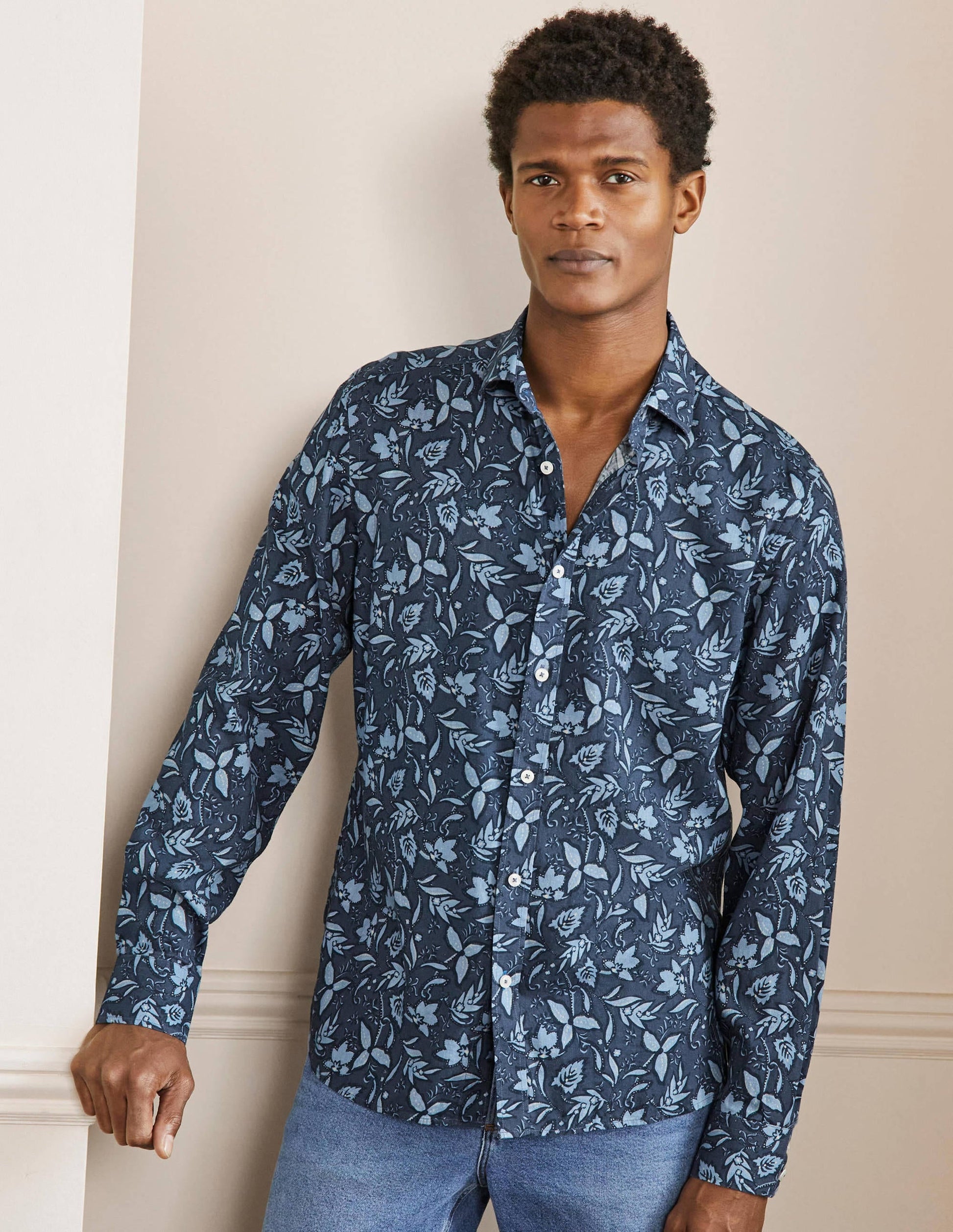 Linen Cotton Shirt-Ensign Blue Tropical Floral-1