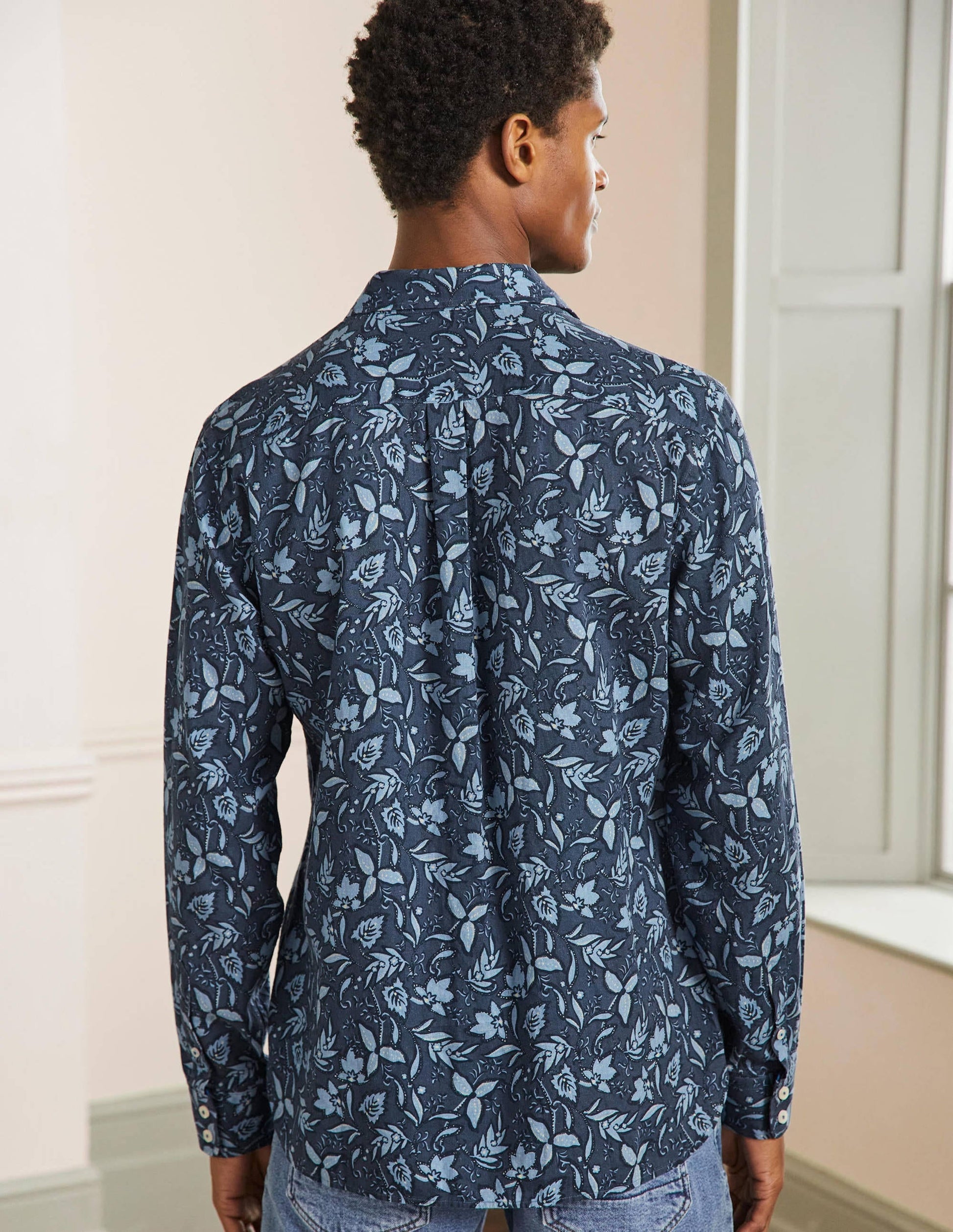 Linen Cotton Shirt-Ensign Blue Tropical Floral-3