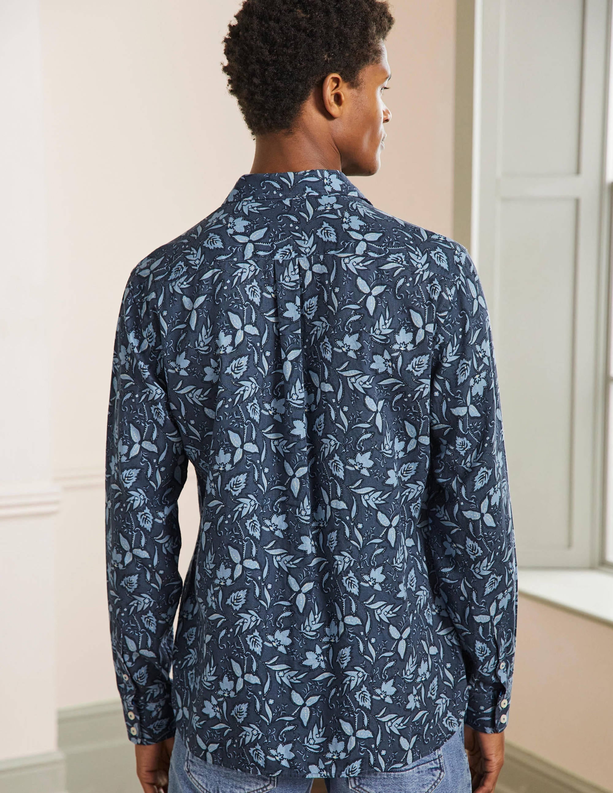 Linen Cotton Shirt-Ensign Blue Tropical Floral - Image 3