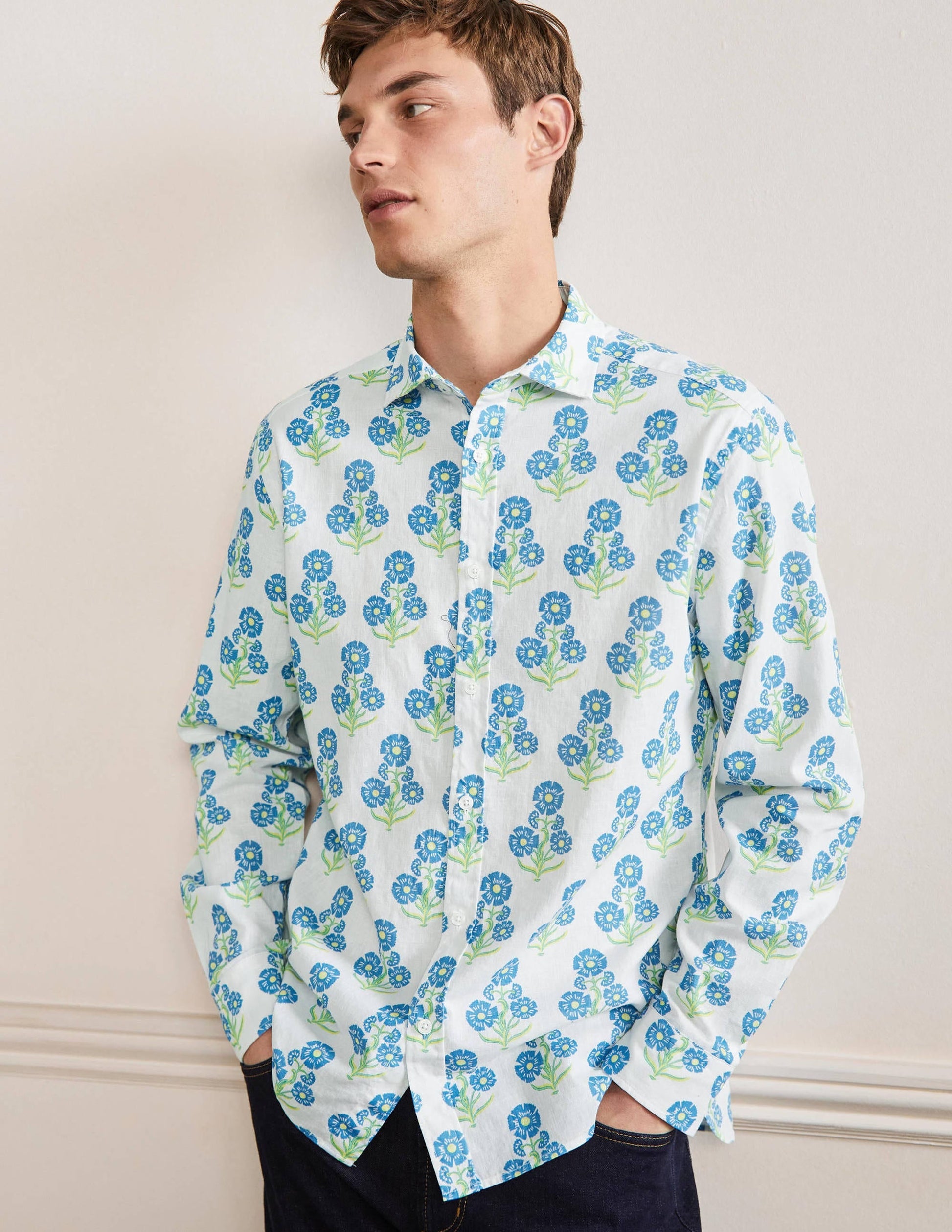Linen Cotton Shirt-Molly Mahon Flower Woodblock-1