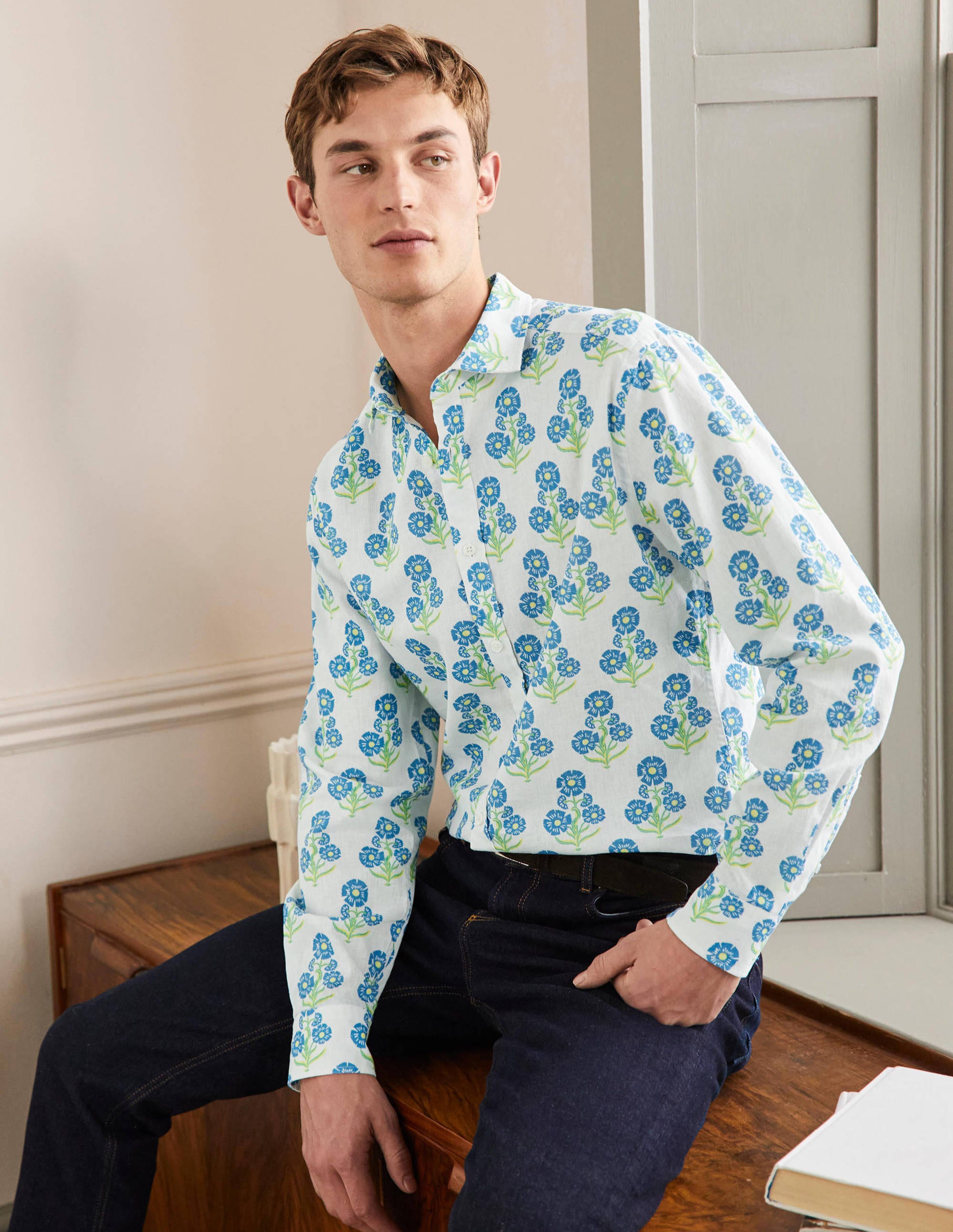 Linen Cotton Shirt-Molly Mahon Flower Woodblock - Image 4