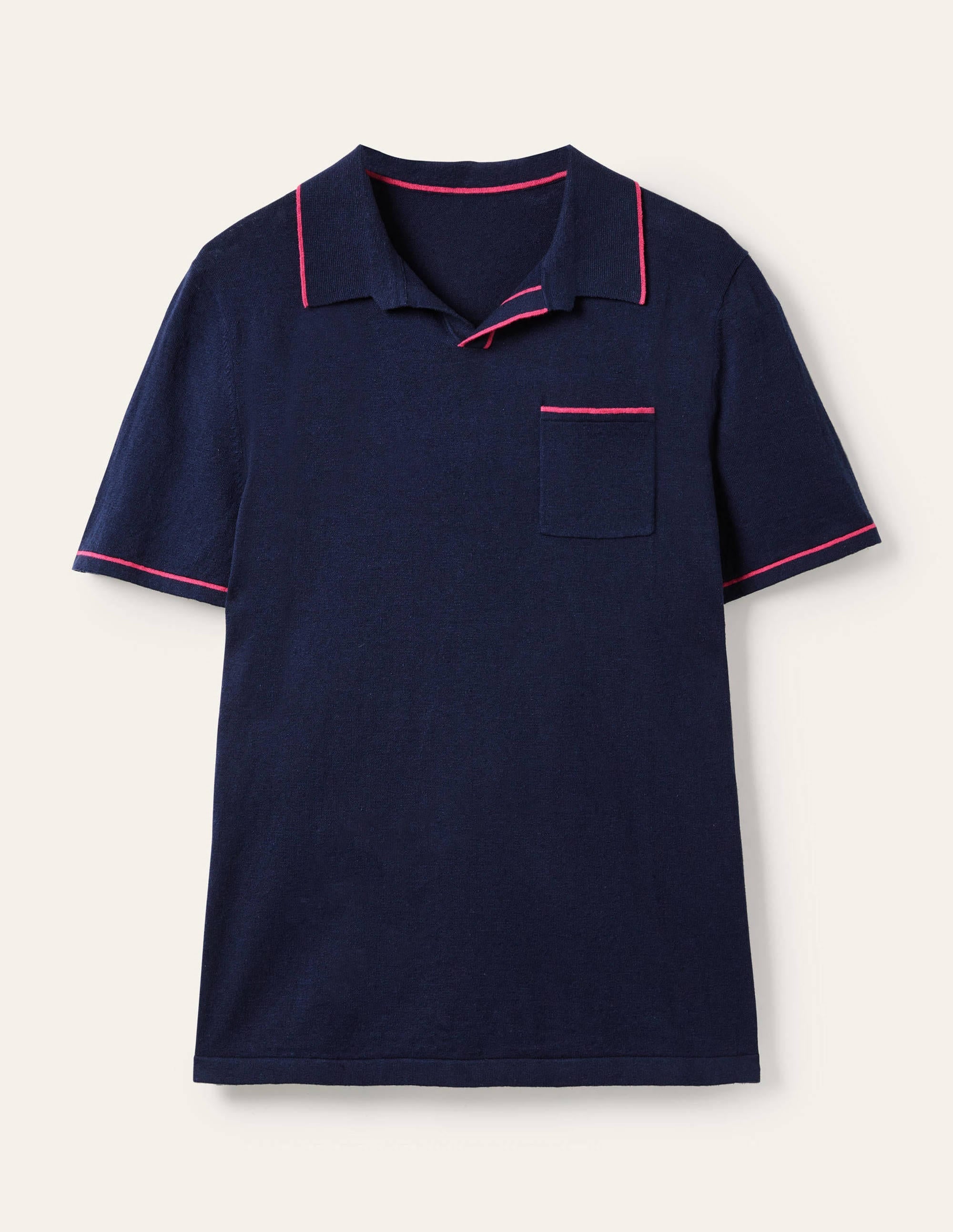 Linen Blend Polo Open Collar-School Navy, Tipping Stripe - Image 6