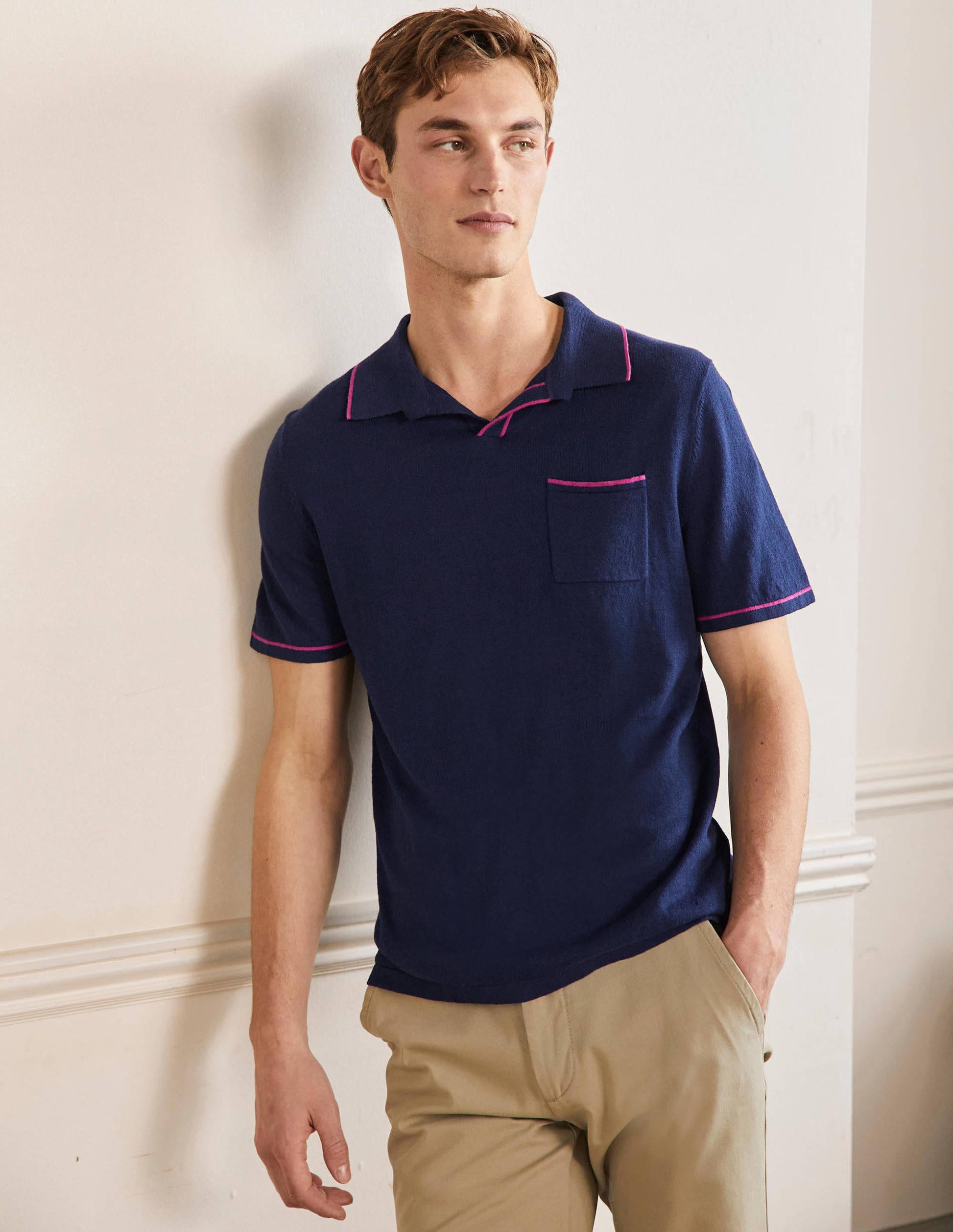 Linen Blend Polo Open Collar-School Navy, Tipping Stripe-1
