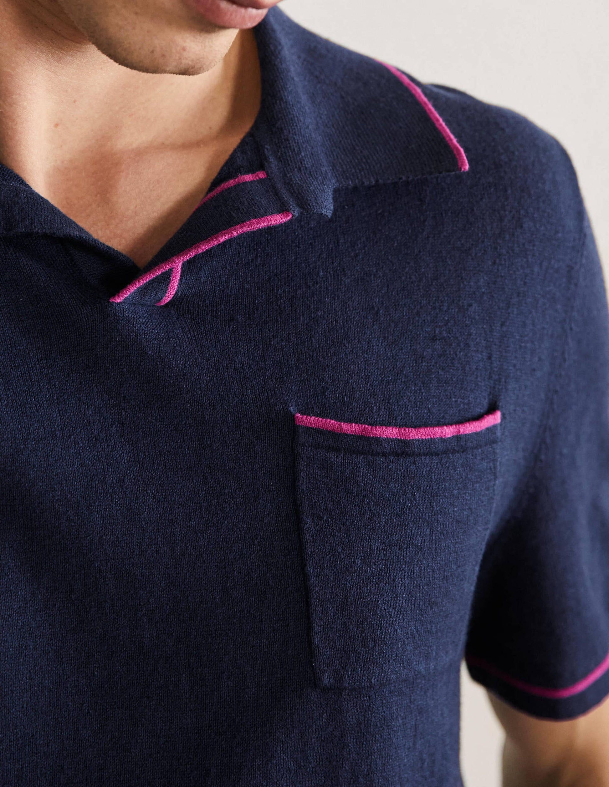 Linen Blend Polo Open Collar-School Navy, Tipping Stripe-2