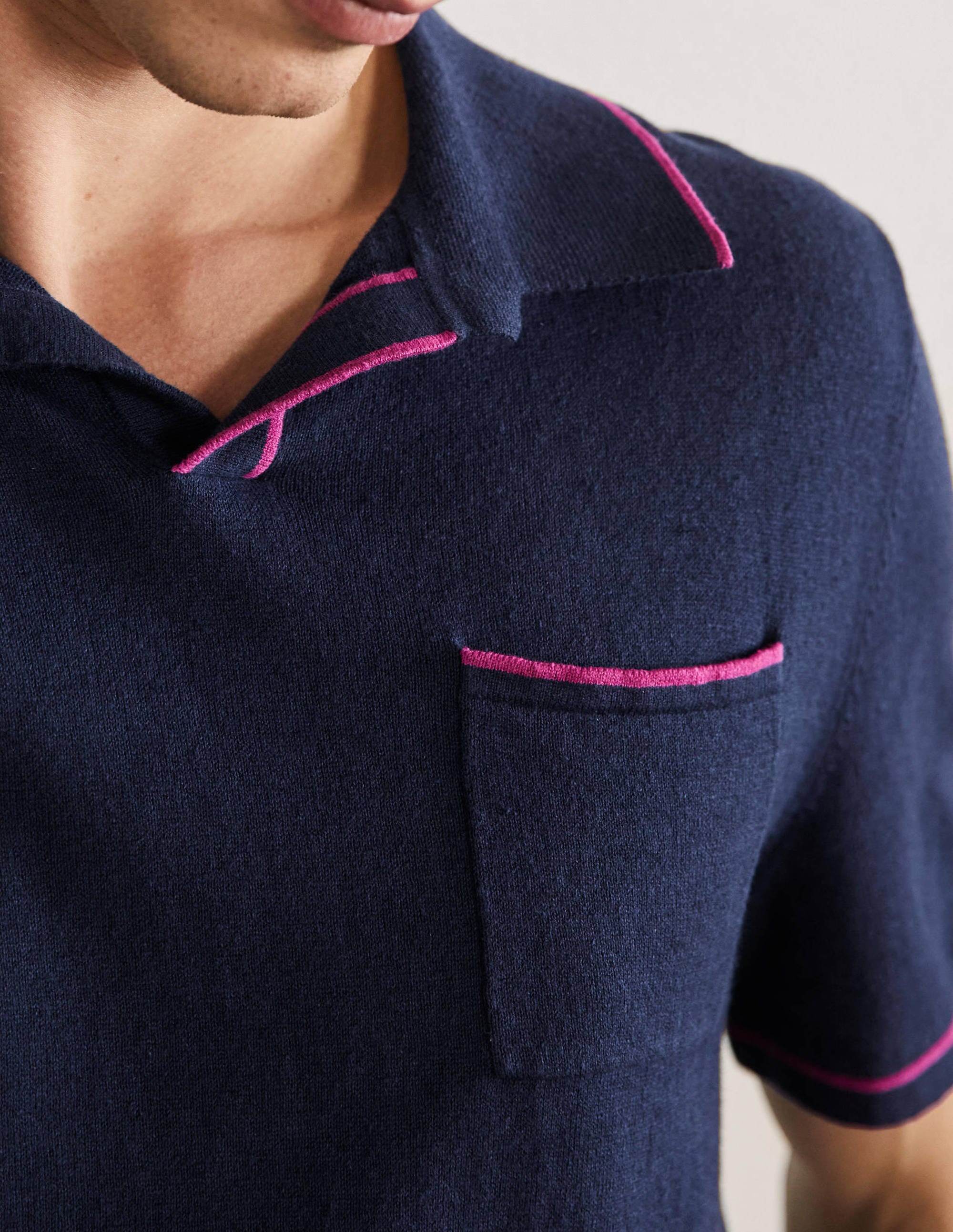 Linen Blend Polo Open Collar-School Navy, Tipping Stripe - Image 2