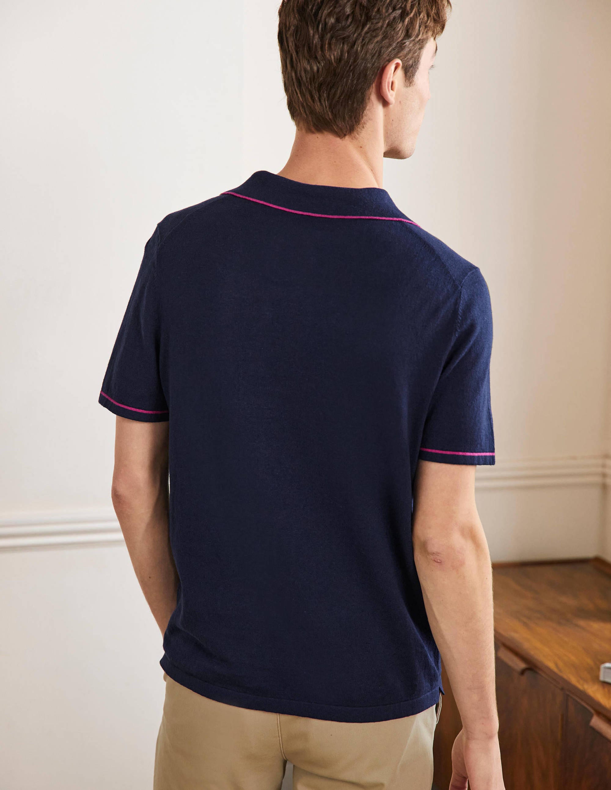 Linen Blend Polo Open Collar-School Navy, Tipping Stripe - Image 3