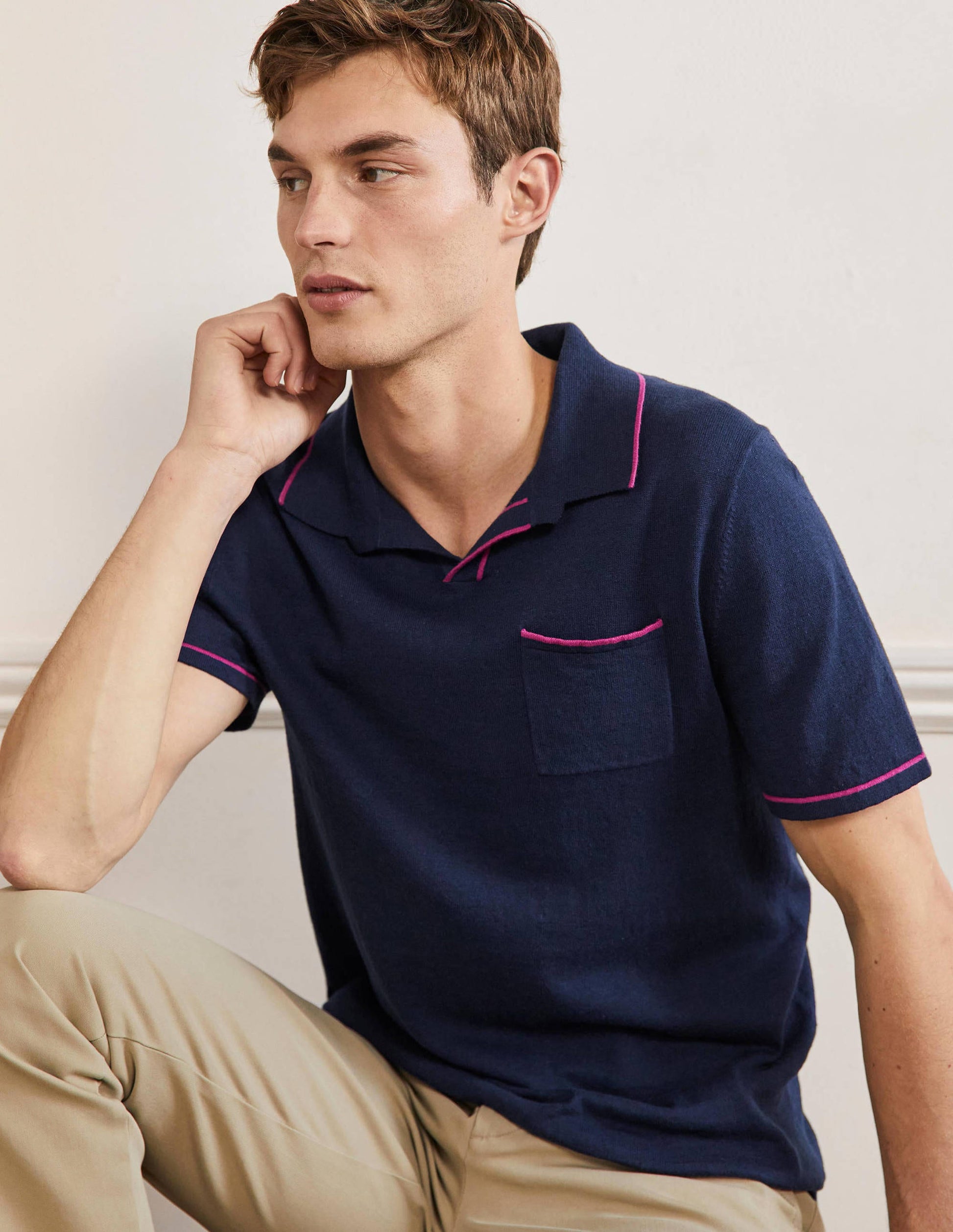 Linen Blend Polo Open Collar-School Navy, Tipping Stripe-4