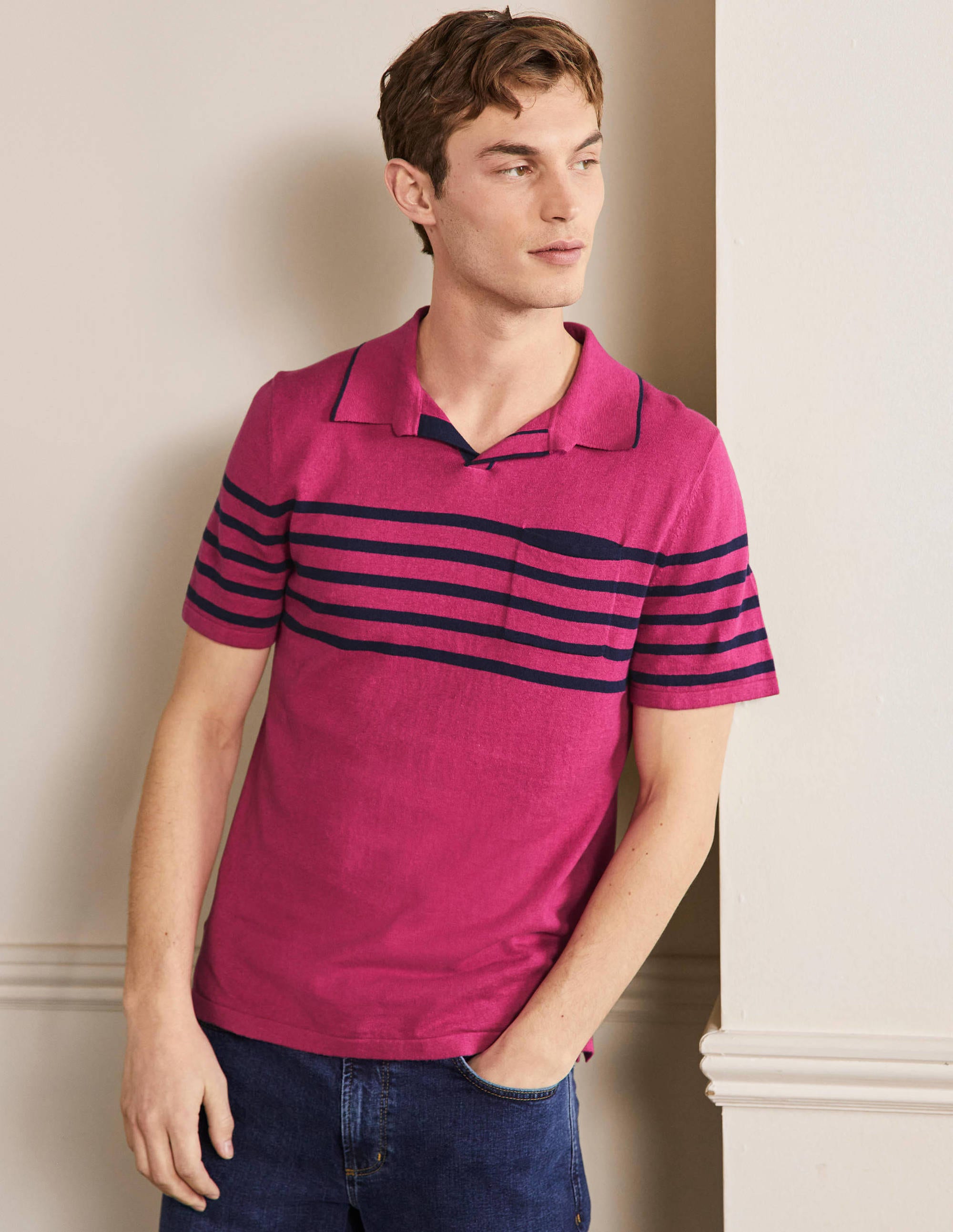 Linen Blend Polo Open Collar-Dusky Rose, Chest Stripe - Image 1