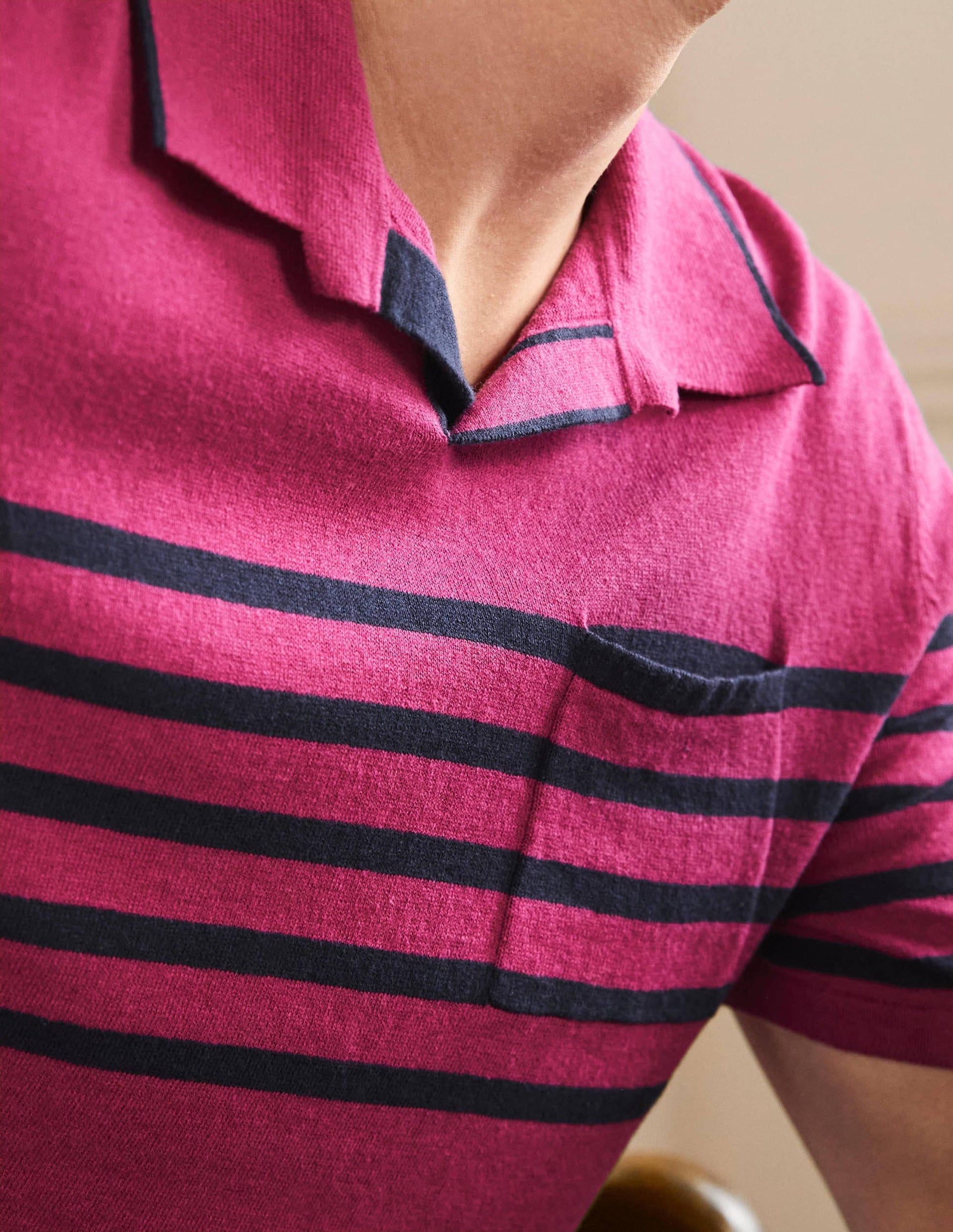 Linen Blend Polo Open Collar-Dusky Rose, Chest Stripe-2