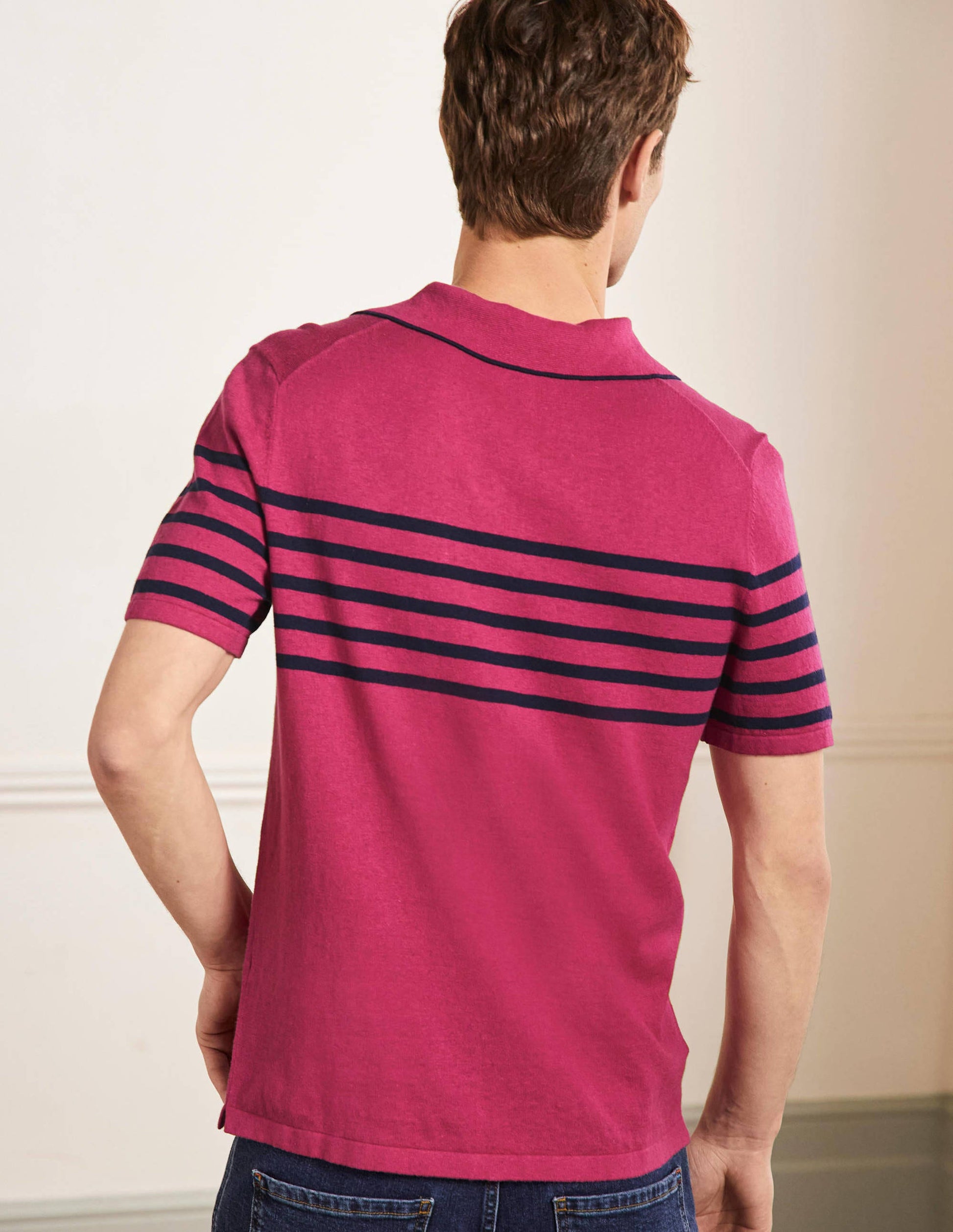 Linen Blend Polo Open Collar-Dusky Rose, Chest Stripe-3