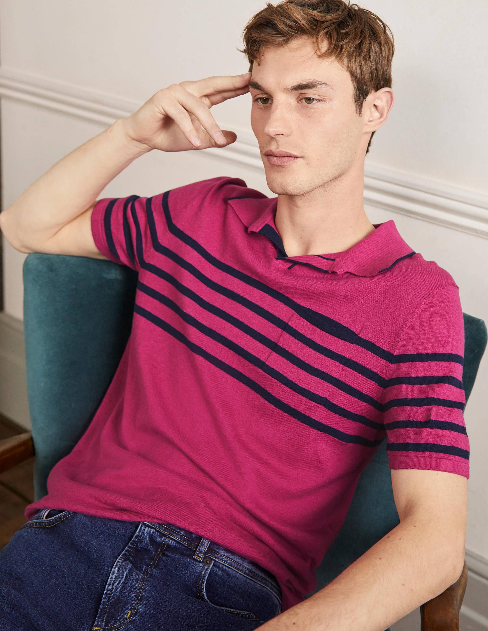 Linen Blend Polo Open Collar-Dusky Rose, Chest Stripe-4