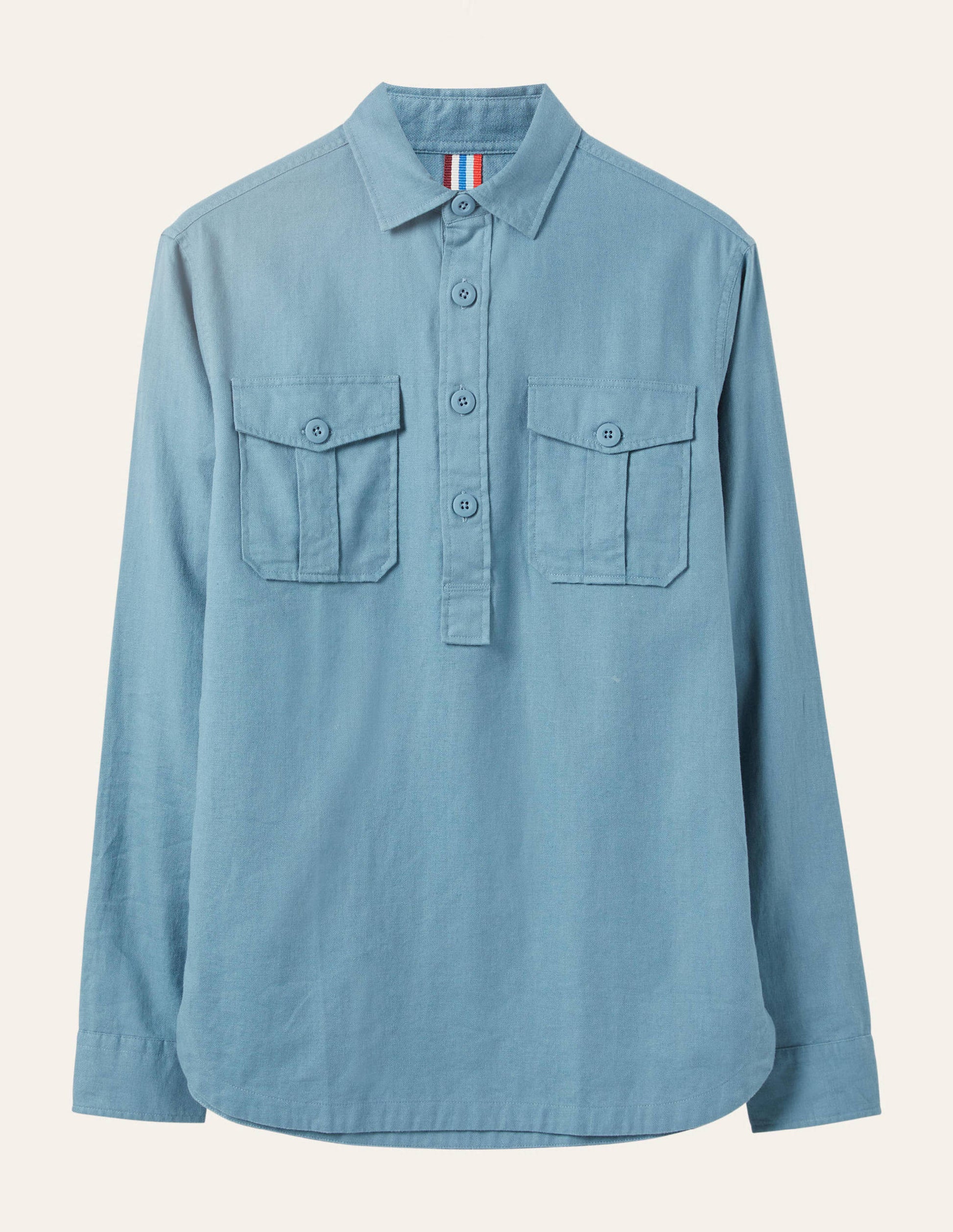 Linen Cotton Popover Shirt-Aegean Blue Herringbone-7