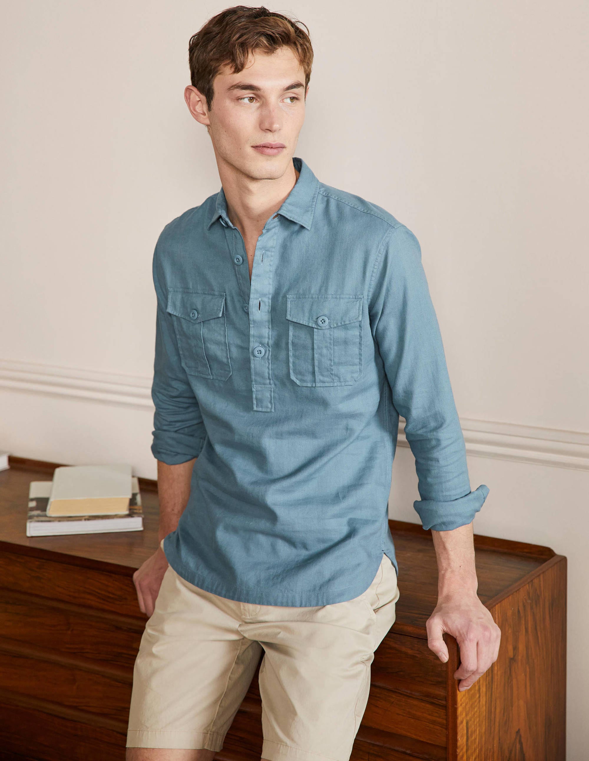 Linen Cotton Popover Shirt-Aegean Blue Herringbone - Image 1
