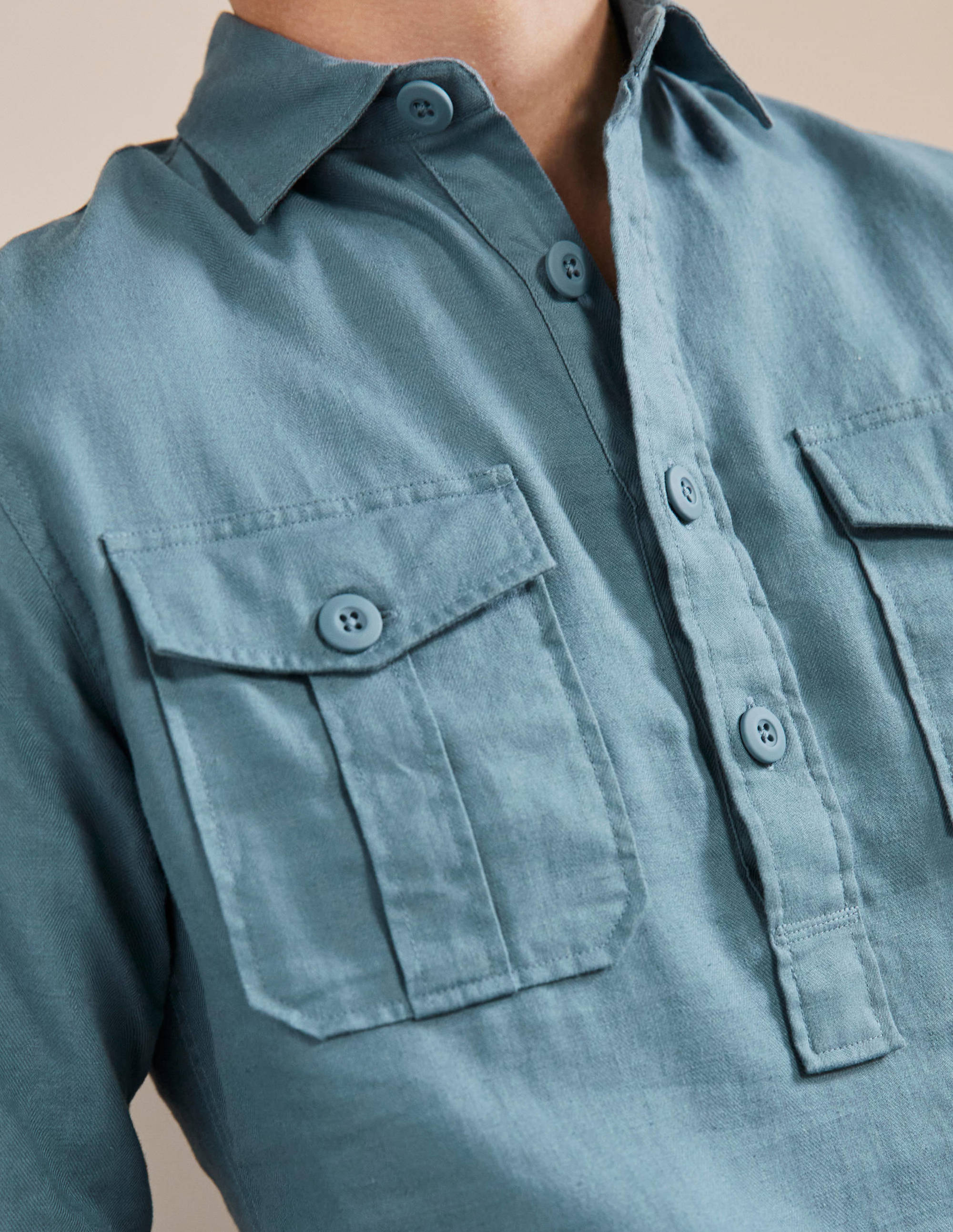 Linen Cotton Popover Shirt-Aegean Blue Herringbone - Image 2