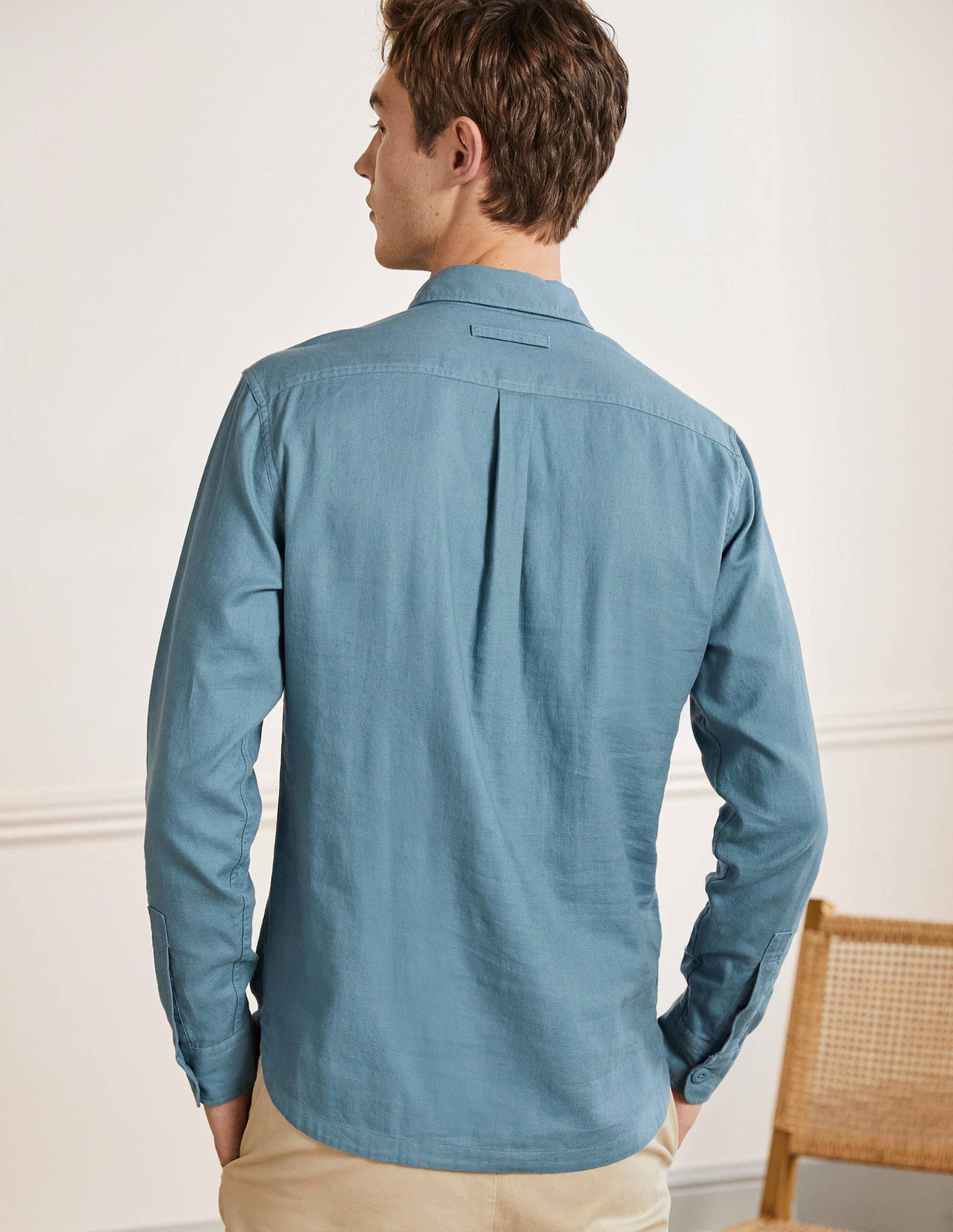 Linen Cotton Popover Shirt-Aegean Blue Herringbone-3