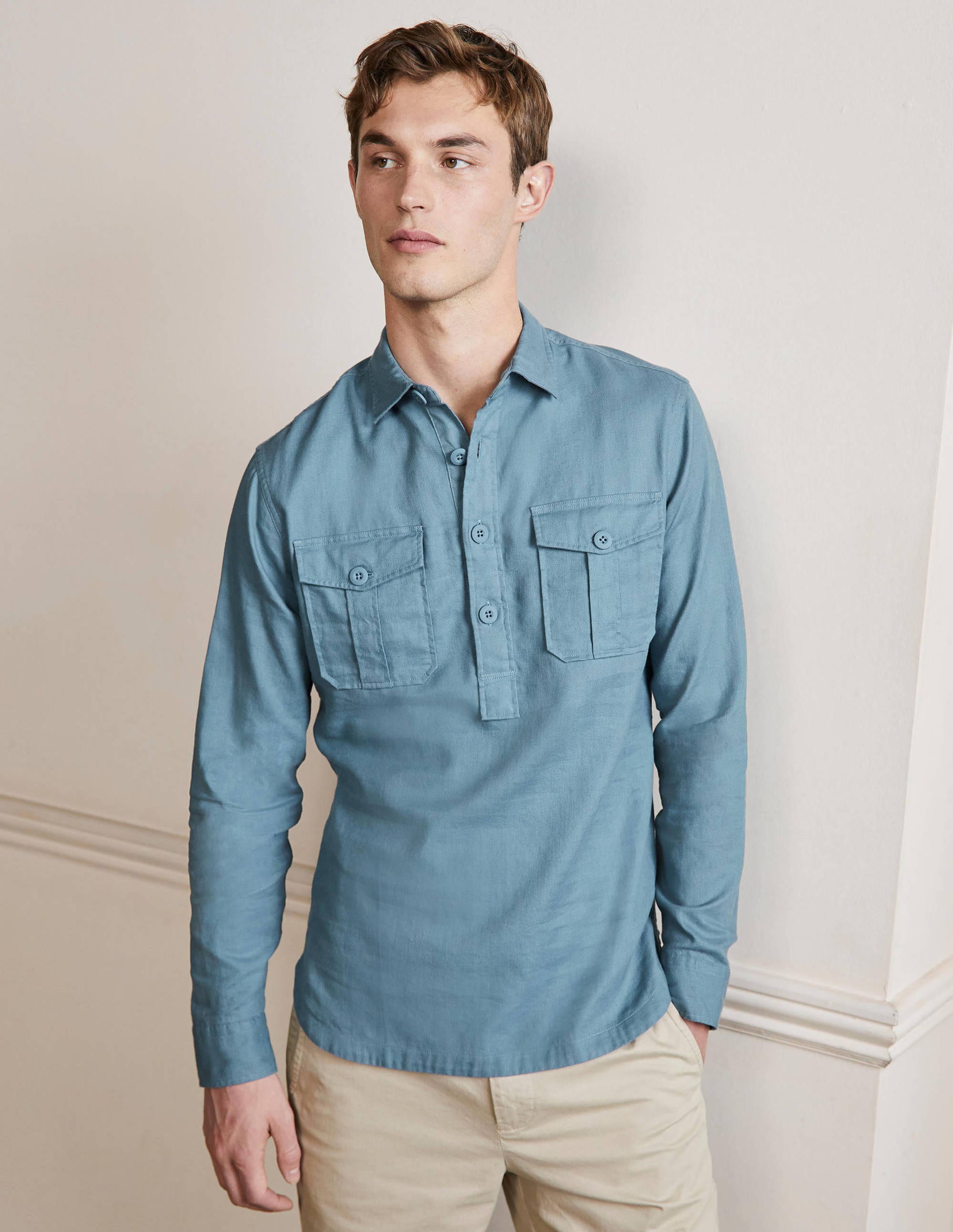 Linen Cotton Popover Shirt-Aegean Blue Herringbone - Image 4