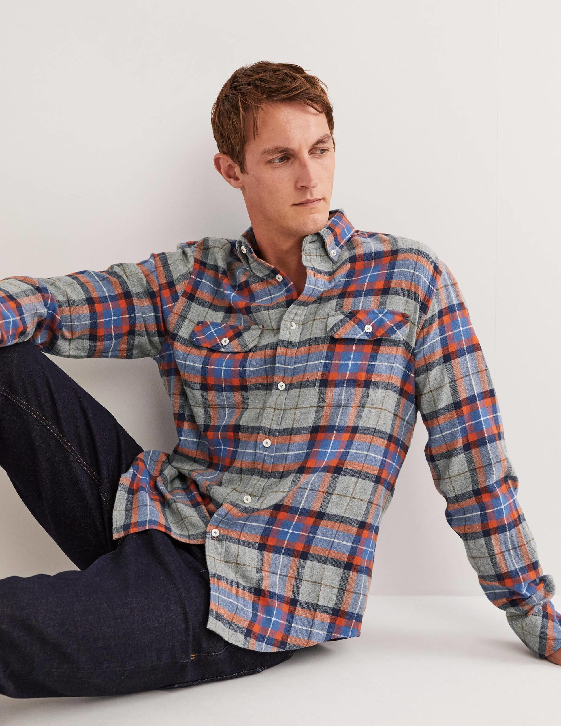 Brushed Flannel Shirt-Grey Marl/Orange Check-1