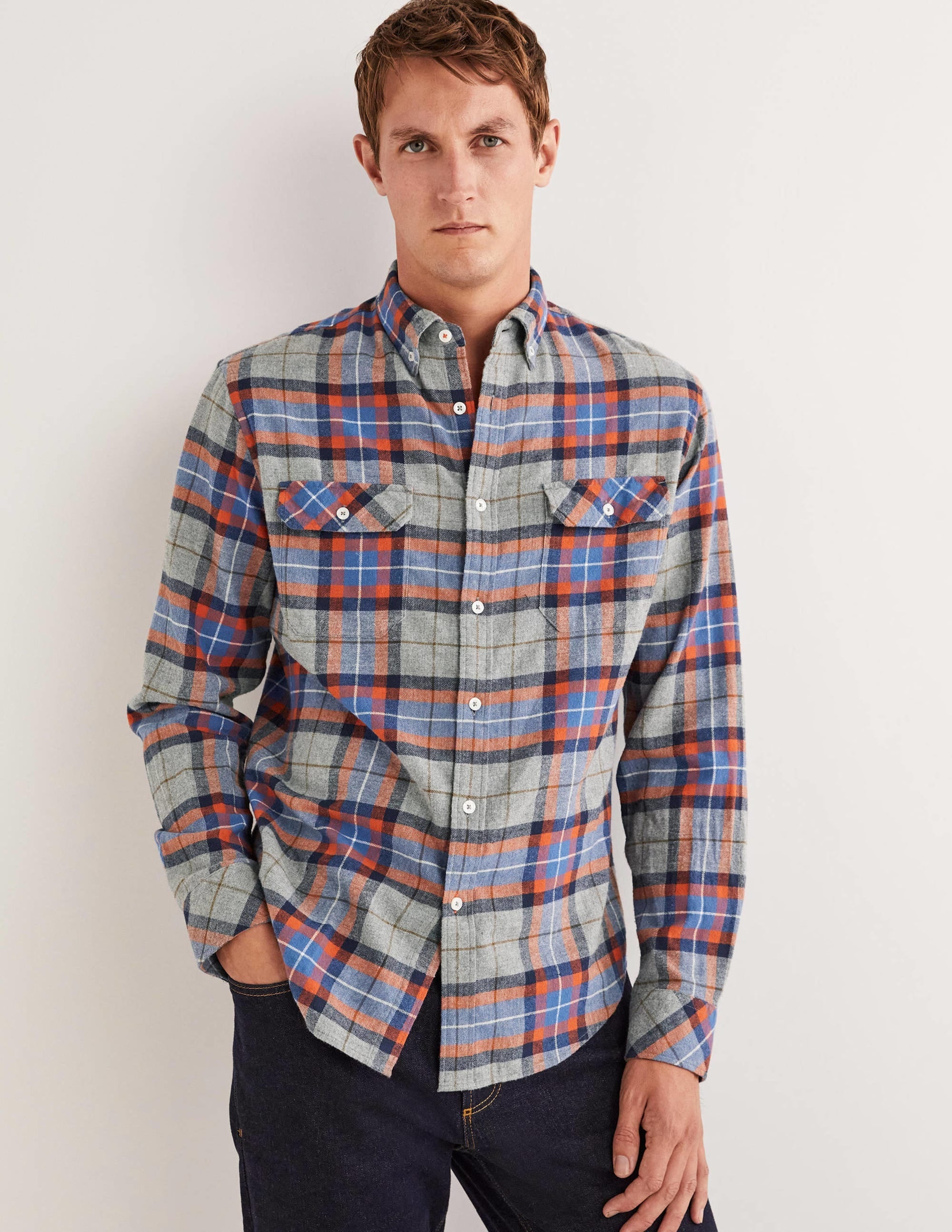 Brushed Flannel Shirt-Grey Marl/Orange Check - Image 2