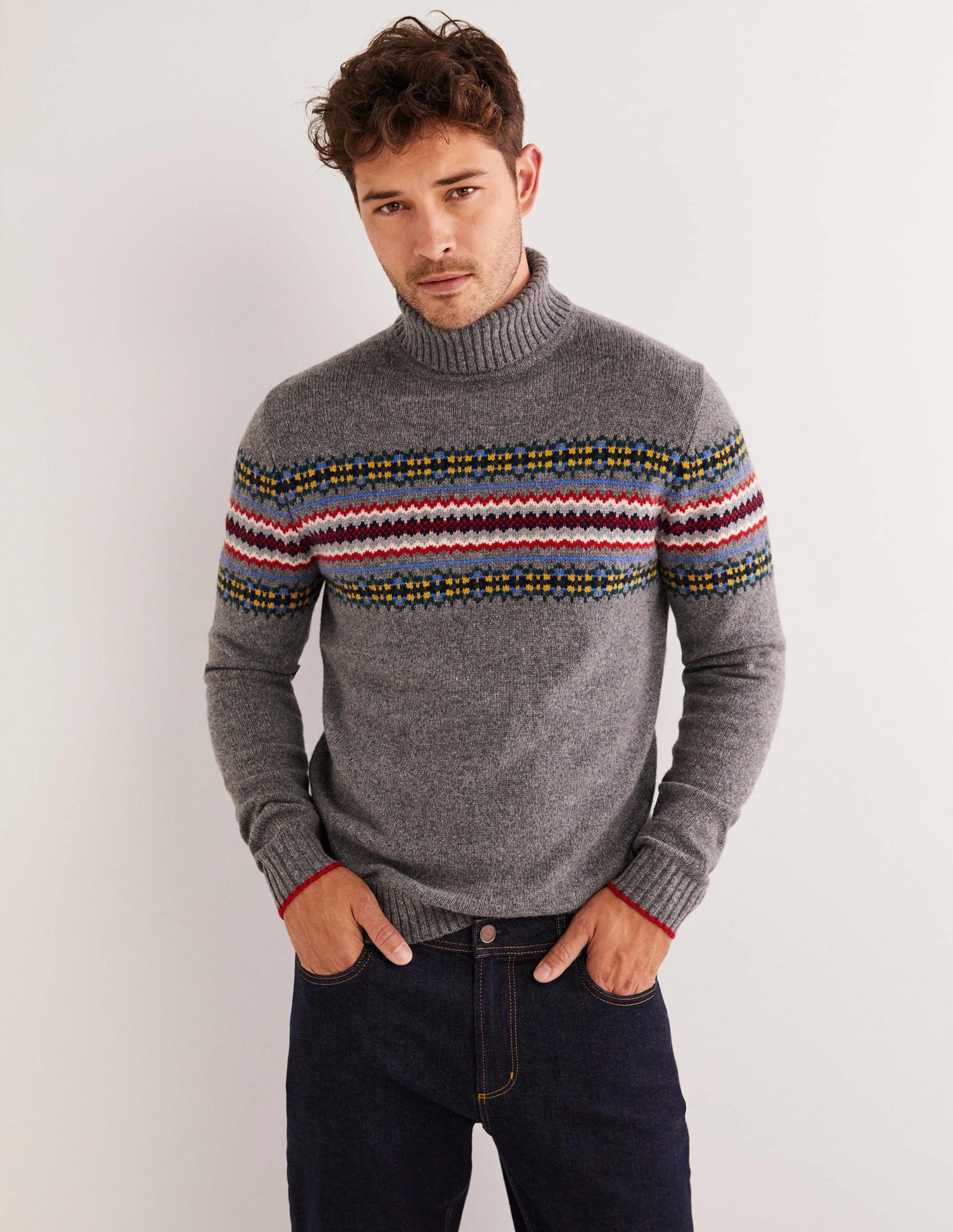 Fair Isle Roll Neck Jumper-Grey Melange Fair Isle-1