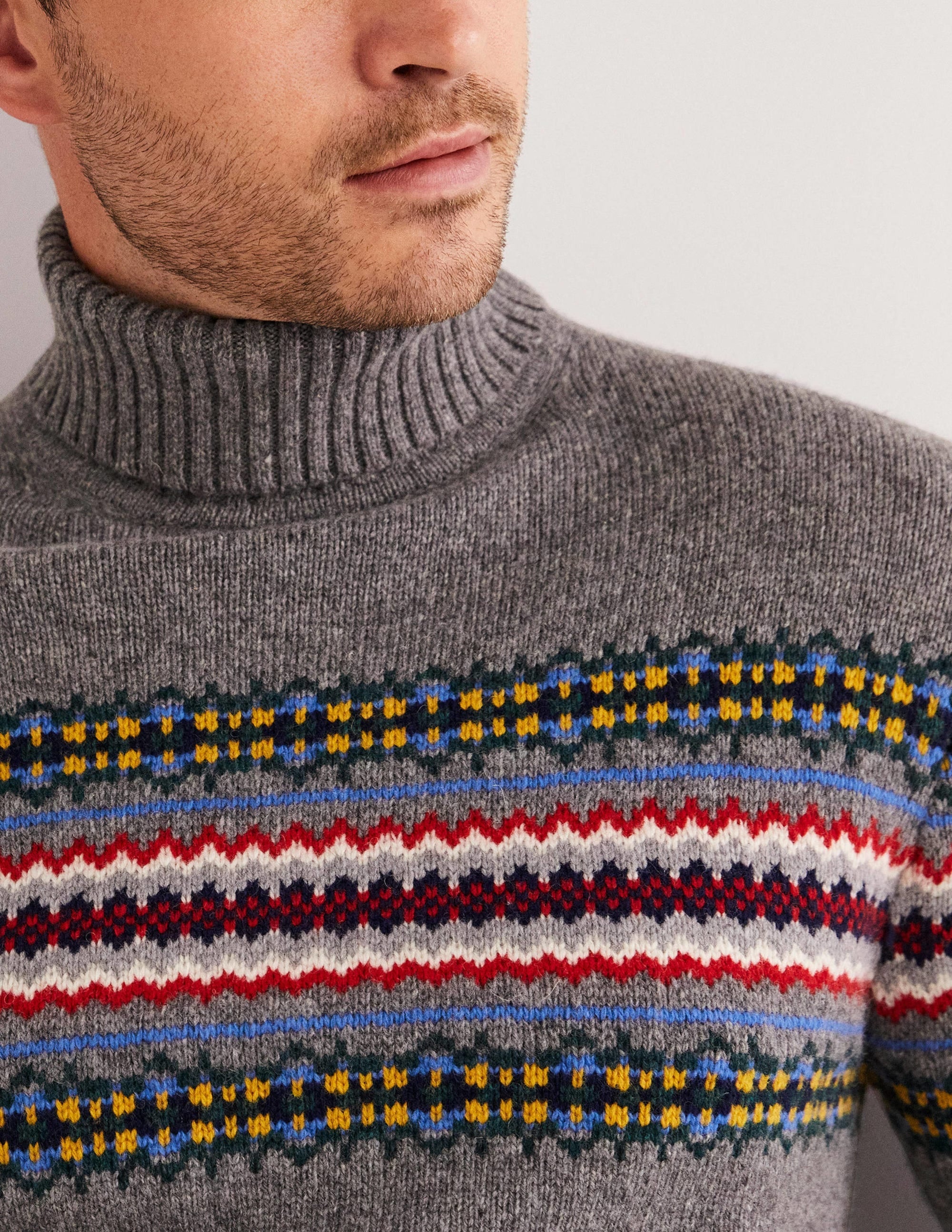 Fair Isle Roll Neck Jumper-Grey Melange Fair Isle - Image 2