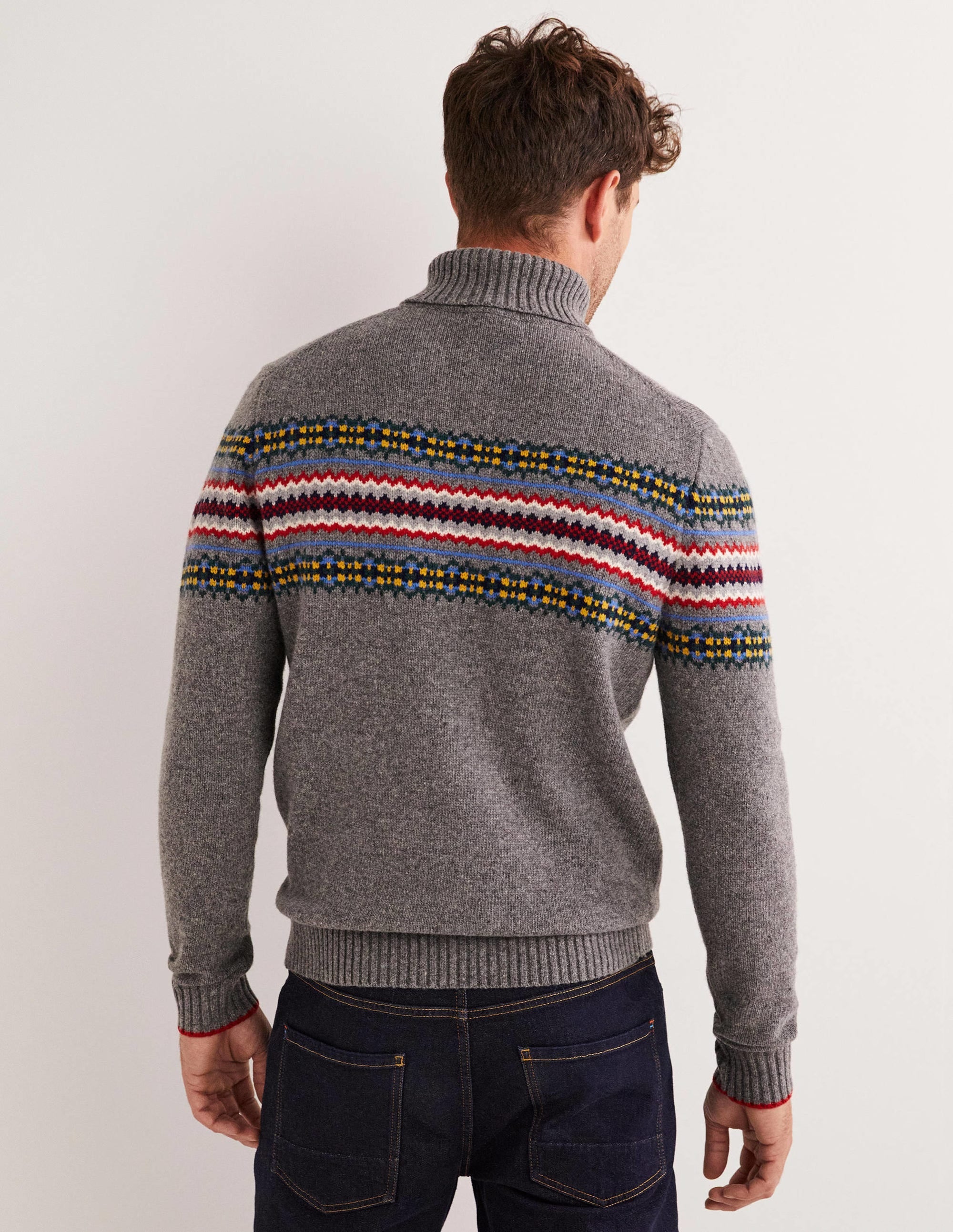 Fair Isle Roll Neck Jumper-Grey Melange Fair Isle - Image 3
