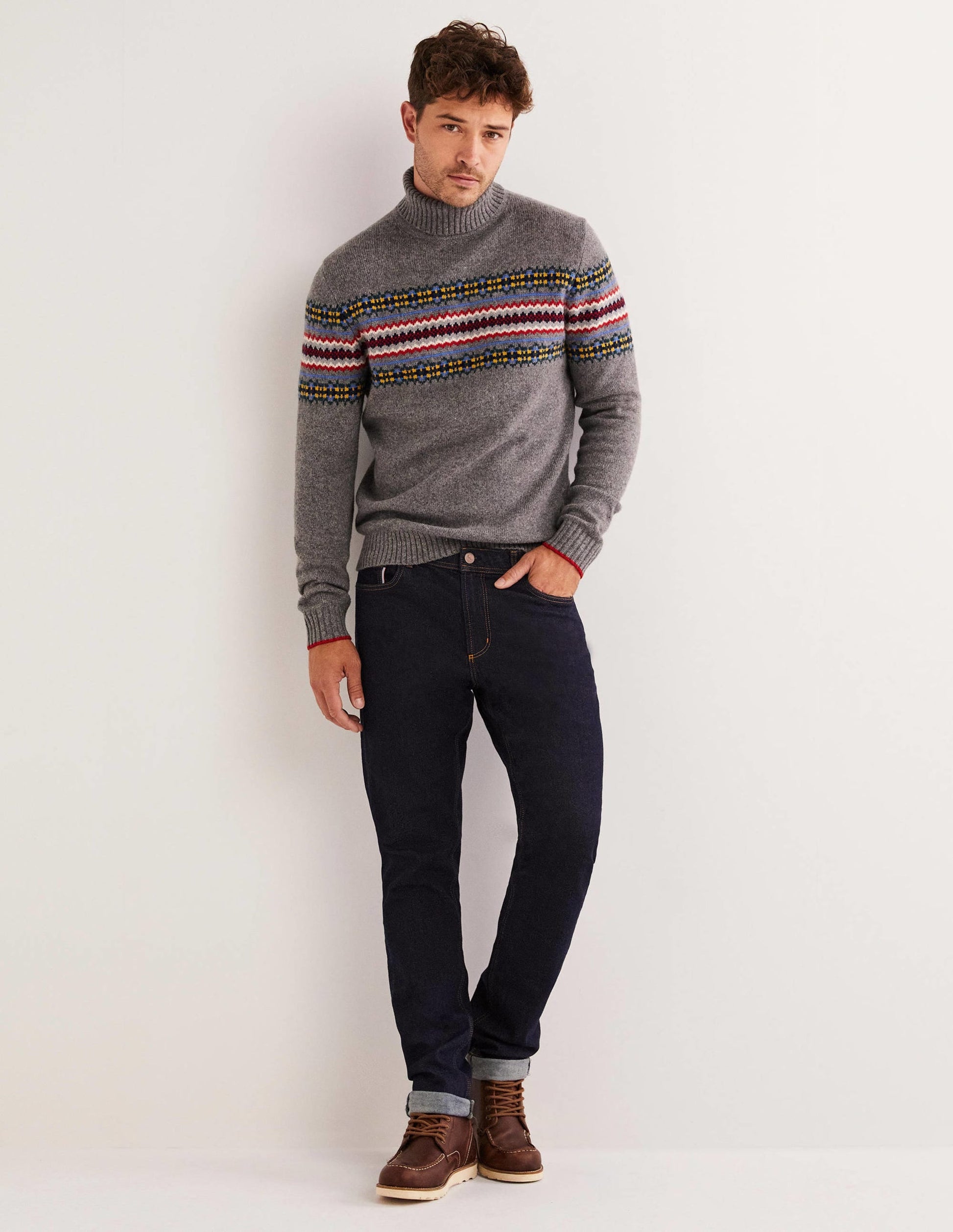 Fair Isle Roll Neck Jumper-Grey Melange Fair Isle-4