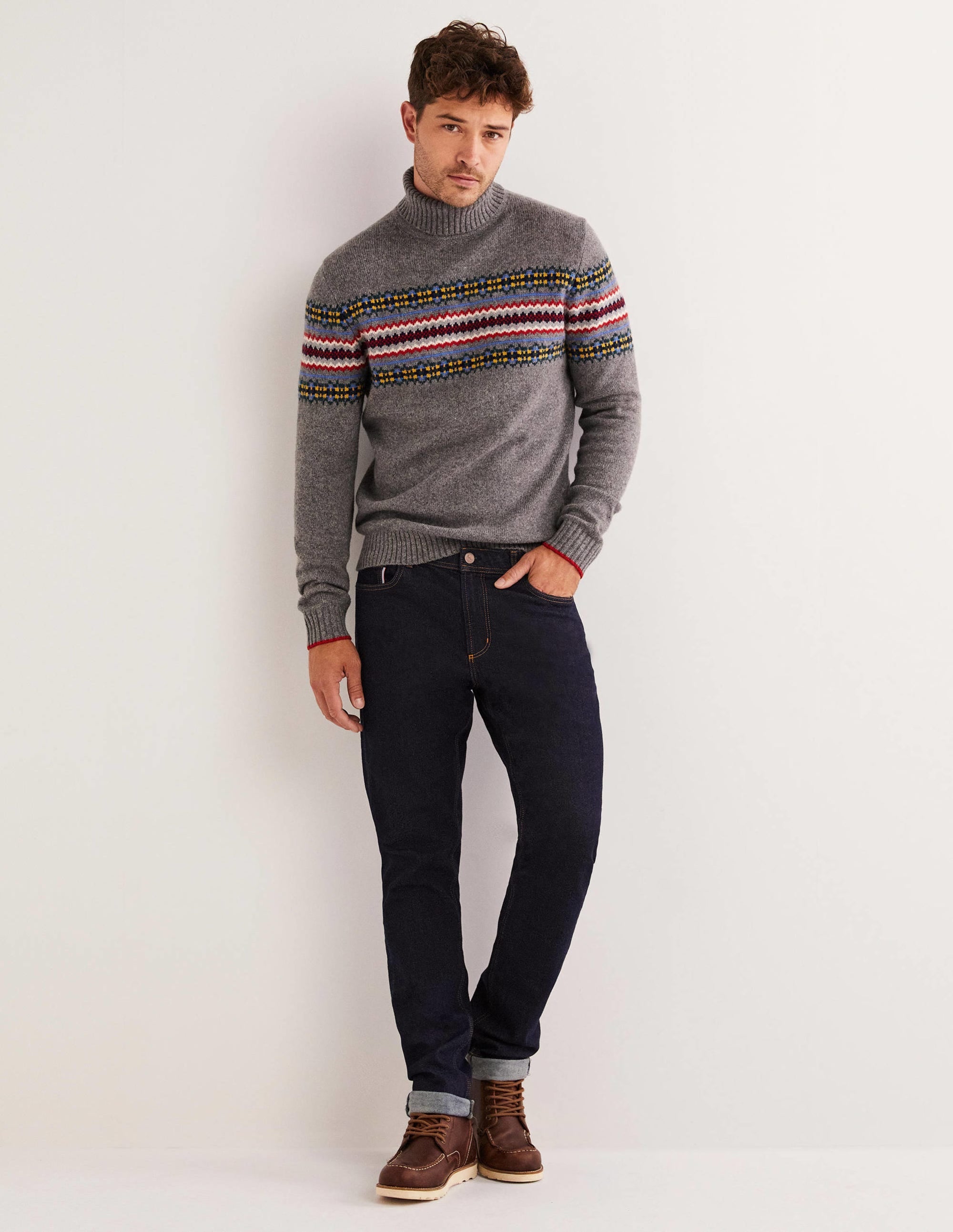 Fair Isle Roll Neck Jumper-Grey Melange Fair Isle - Image 4