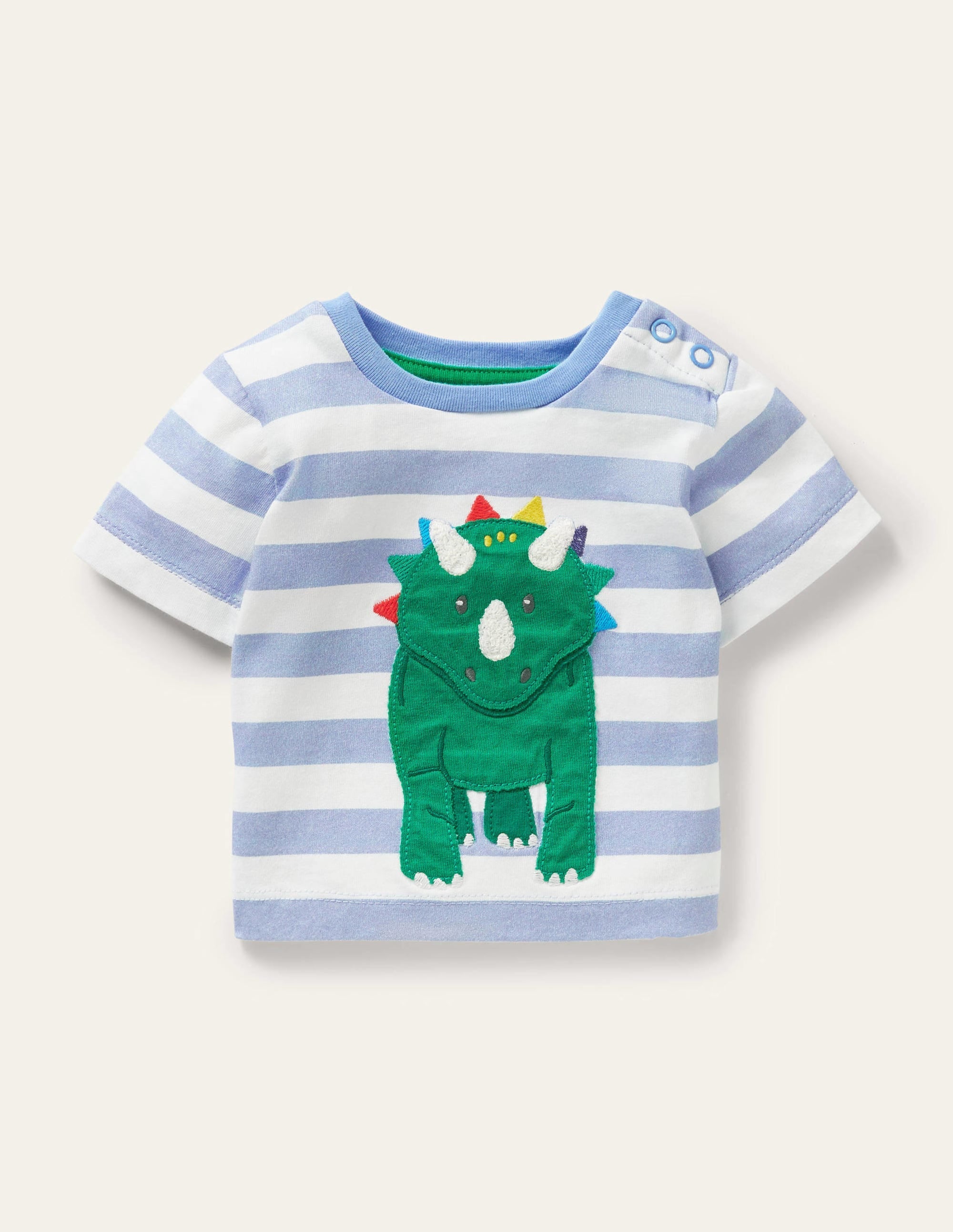 Stripy Appliqué T-shirt-Ivory/Surfboard Blue Dino - Image 1