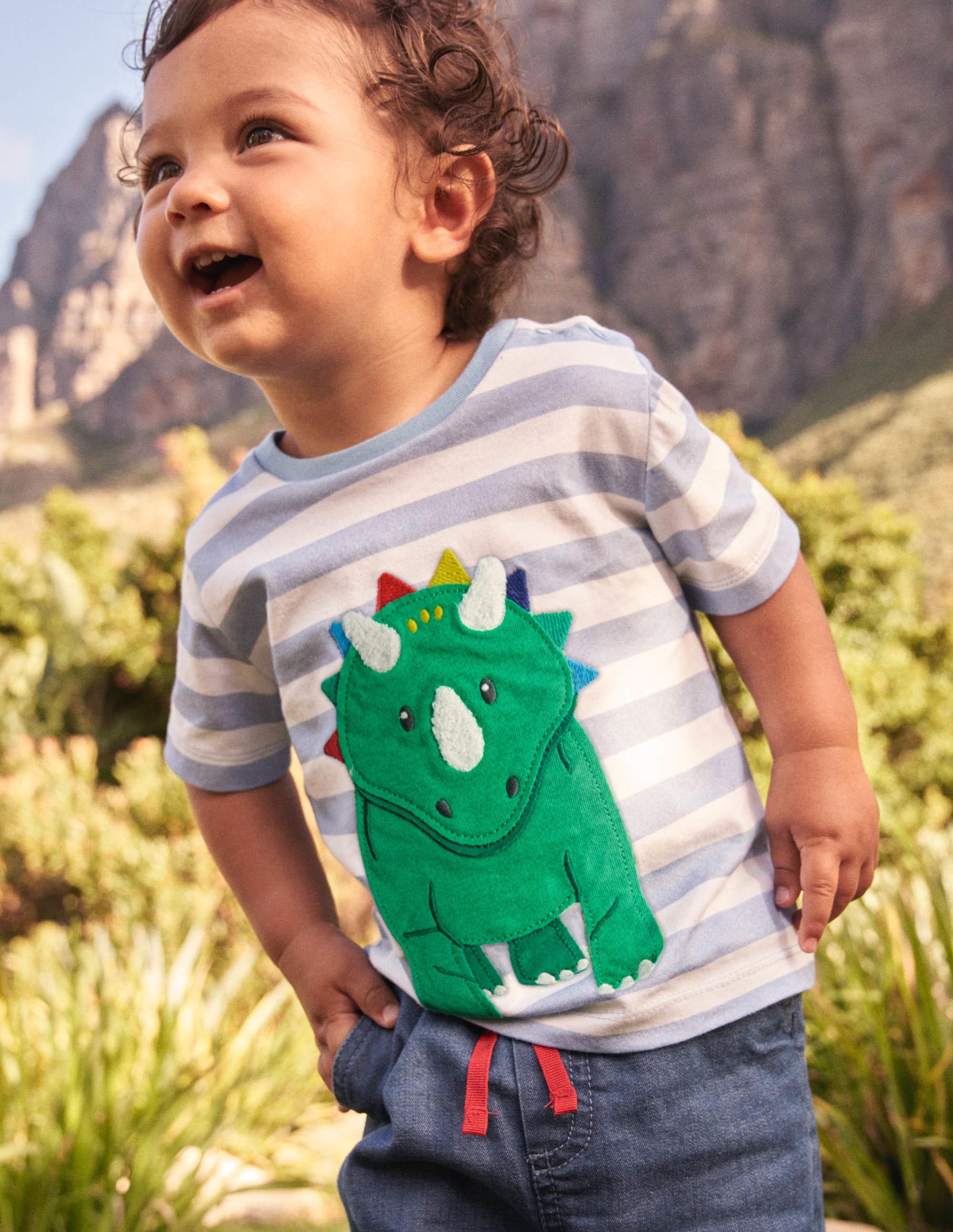 Stripy Appliqué T-shirt-Ivory/Surfboard Blue Dino - Image 4